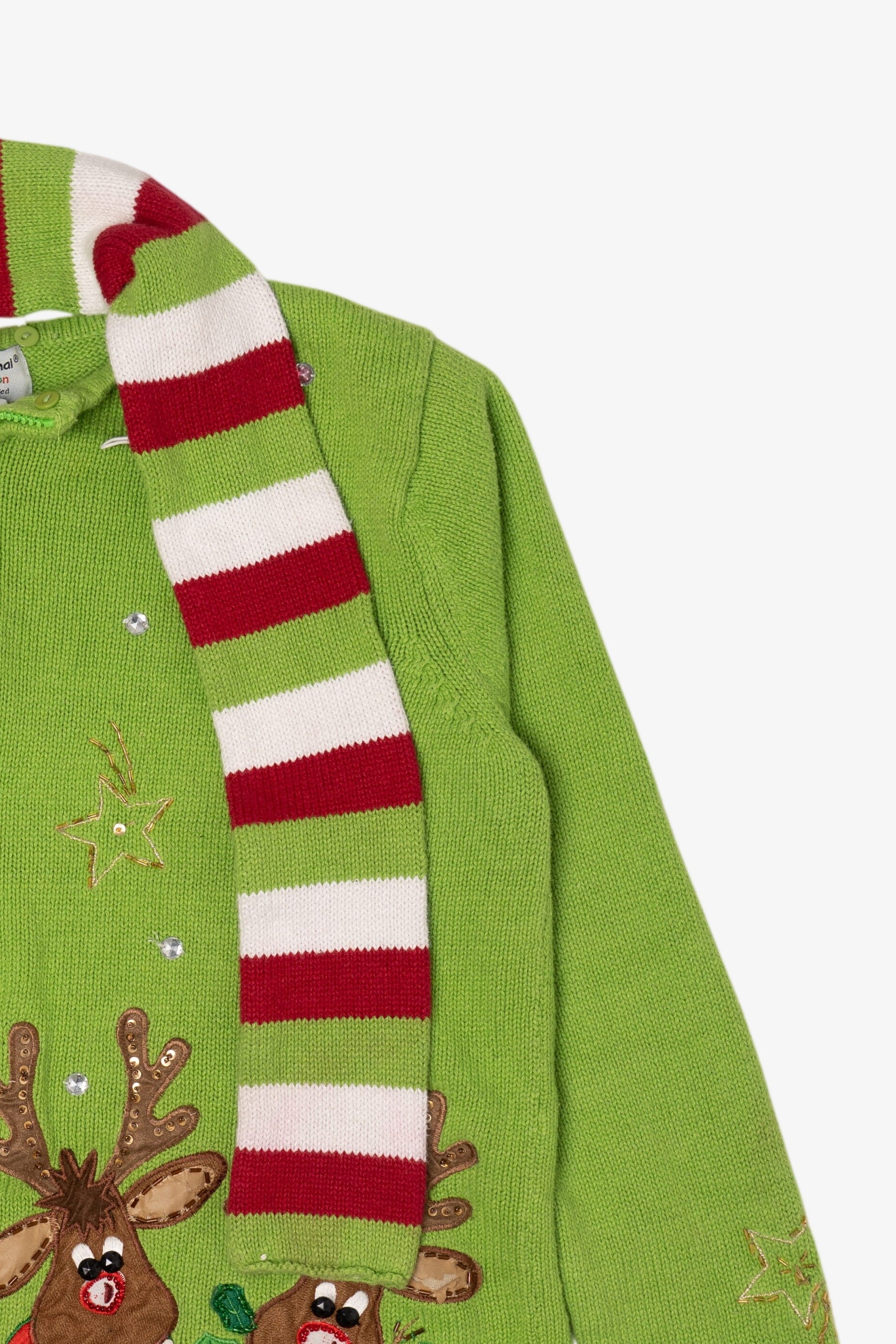 Vintage Green Tiara International Reindeer Scarf Ugly Christmas Cardigan (2000s)