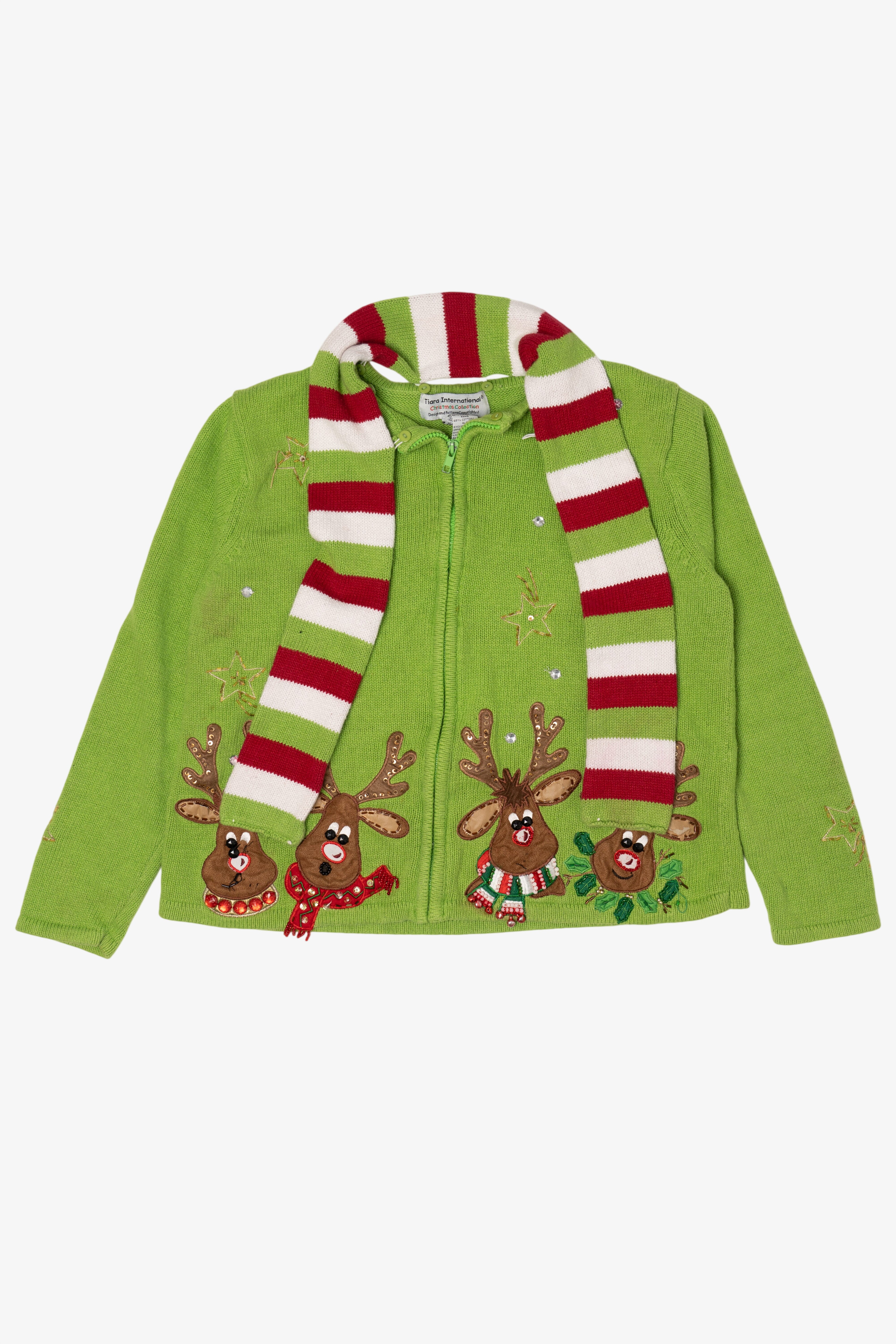 Vintage Green Tiara International Reindeer Scarf Ugly Christmas Cardigan (2000s)