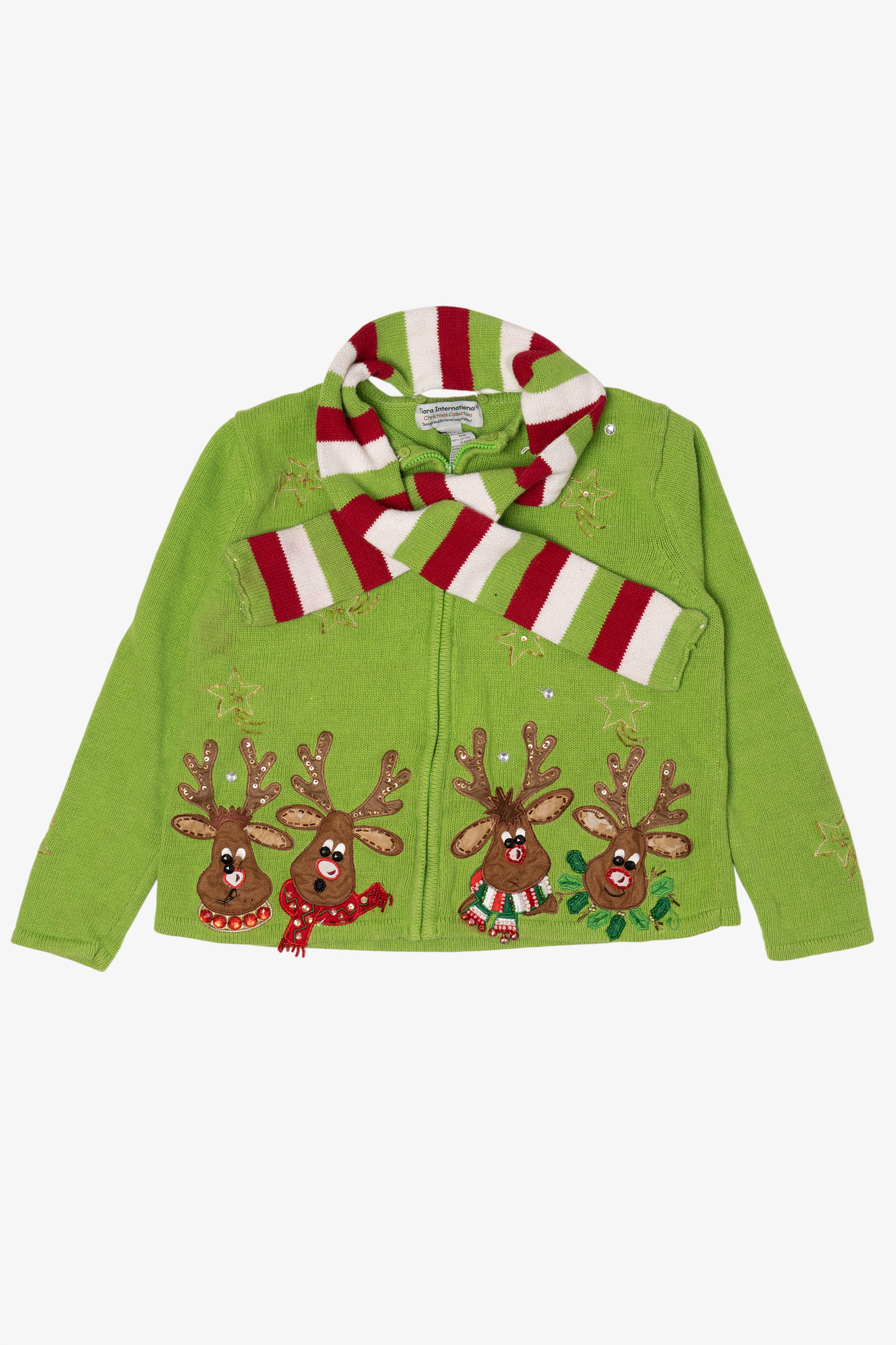 Vintage Green Tiara International Reindeer Scarf Ugly Christmas Cardigan (2000s)