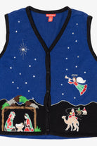 Vintage Blue Merry & Bright Nativity Scene Ugly Christmas Vest (1990s)