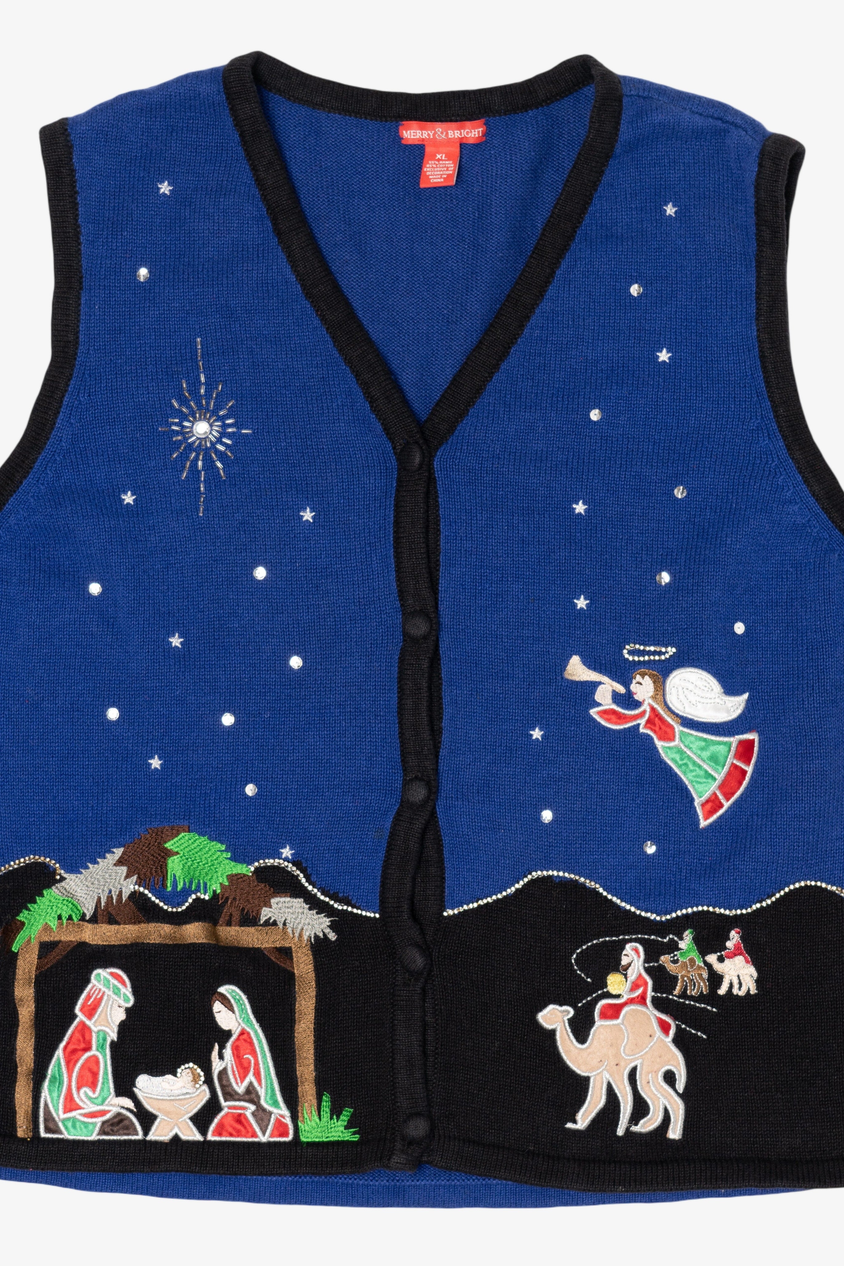 Vintage Blue Merry & Bright Nativity Scene Ugly Christmas Vest (1990s)