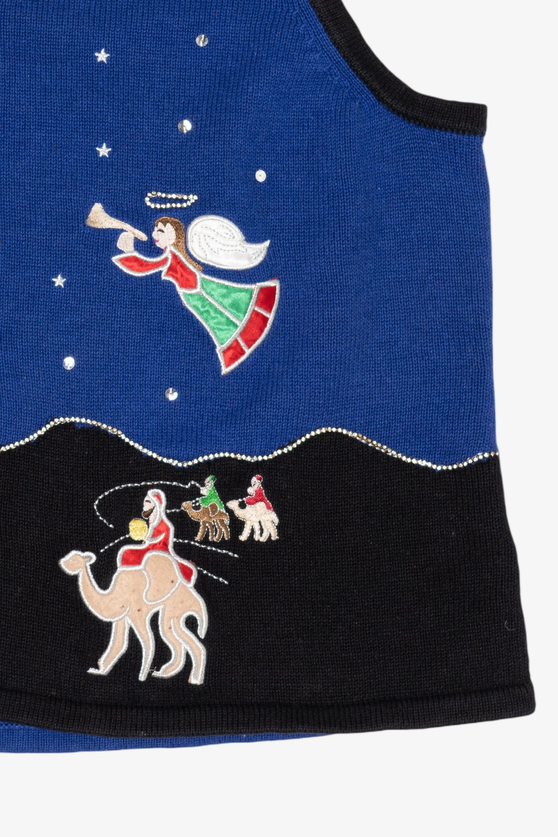Vintage Blue Merry & Bright Nativity Scene Ugly Christmas Vest (1990s)