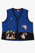 Vintage Blue Merry & Bright Nativity Scene Ugly Christmas Vest (1990s)