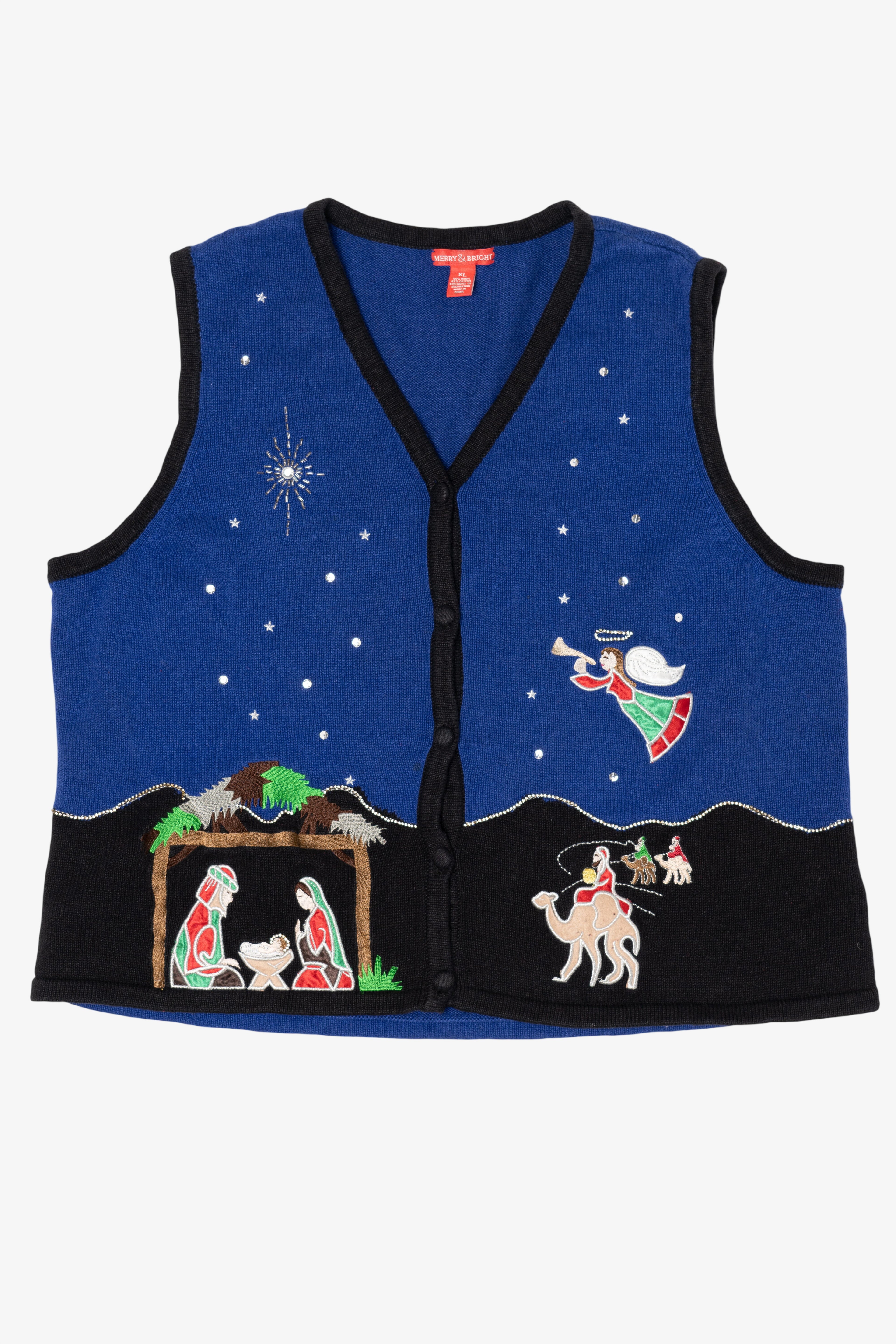 Vintage Blue Merry & Bright Nativity Scene Ugly Christmas Vest (1990s)