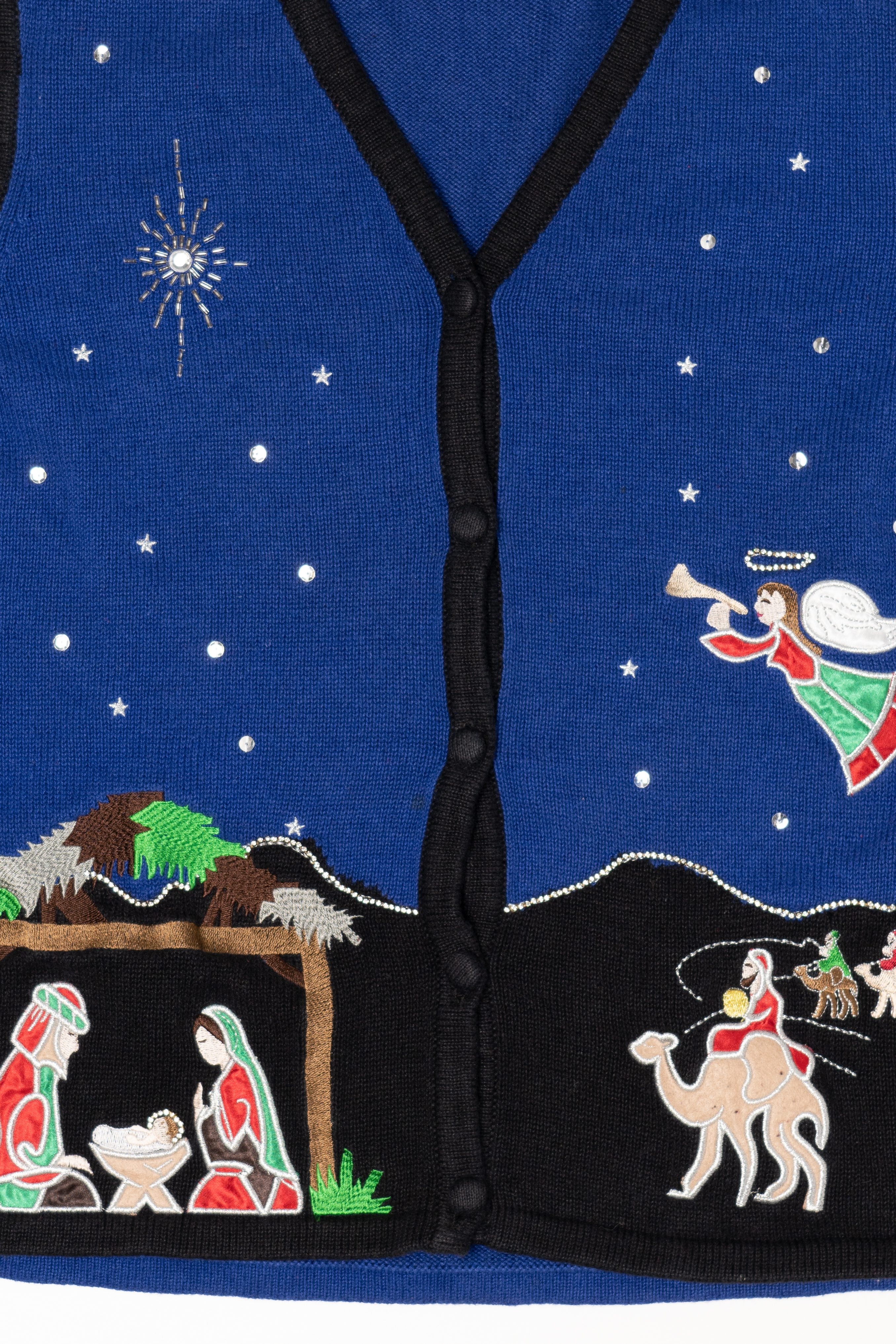Vintage Blue Merry & Bright Nativity Scene Ugly Christmas Vest (1990s)