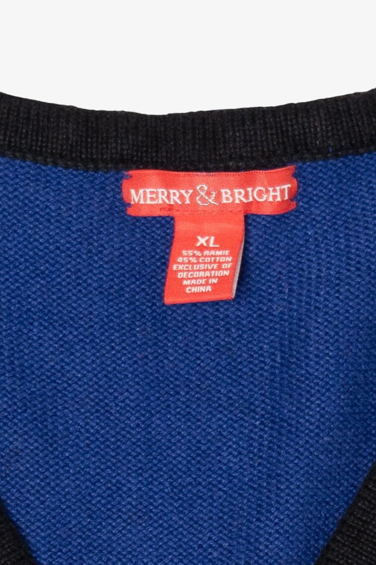 Vintage Blue Merry & Bright Nativity Scene Ugly Christmas Vest (1990s)