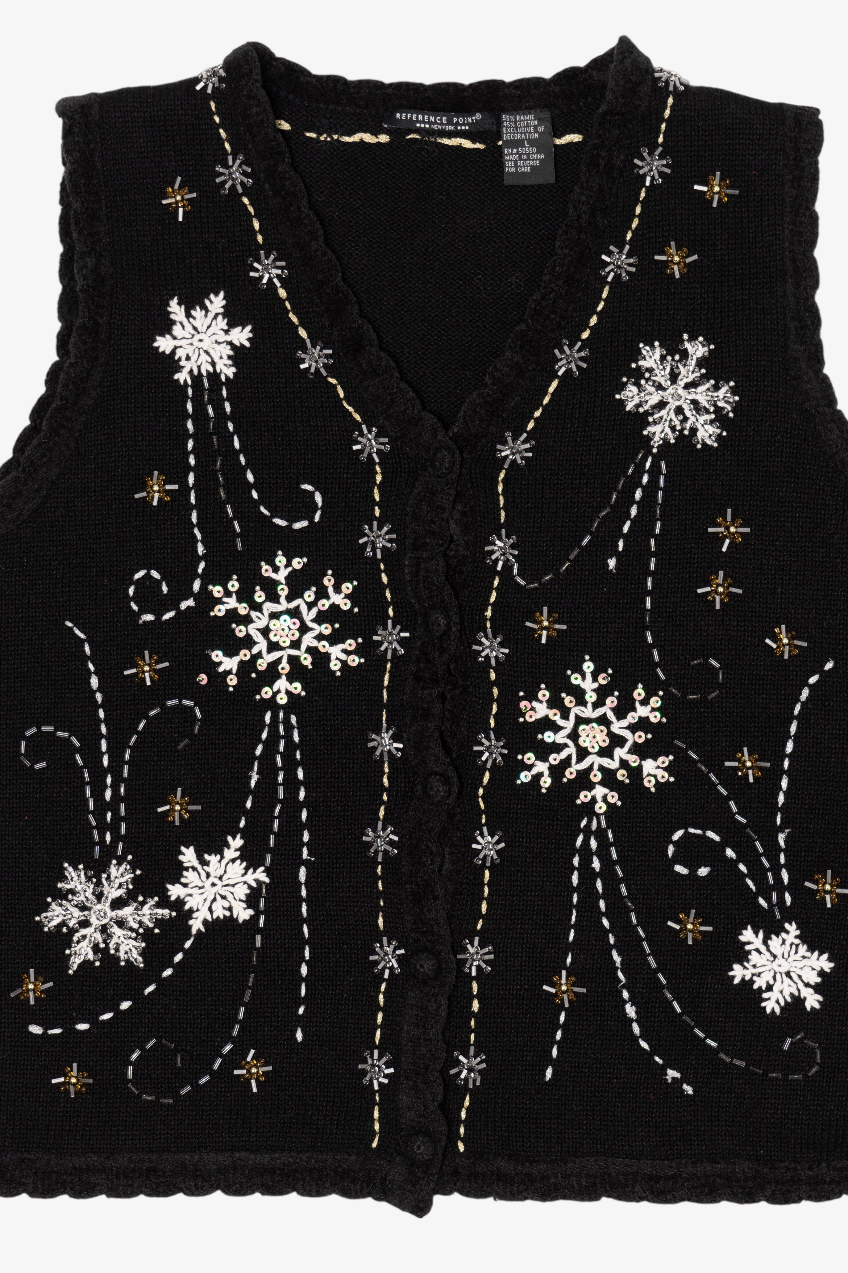 Vintage Black Reference Point Snowflakes Ugly Christmas Vest (1990s)