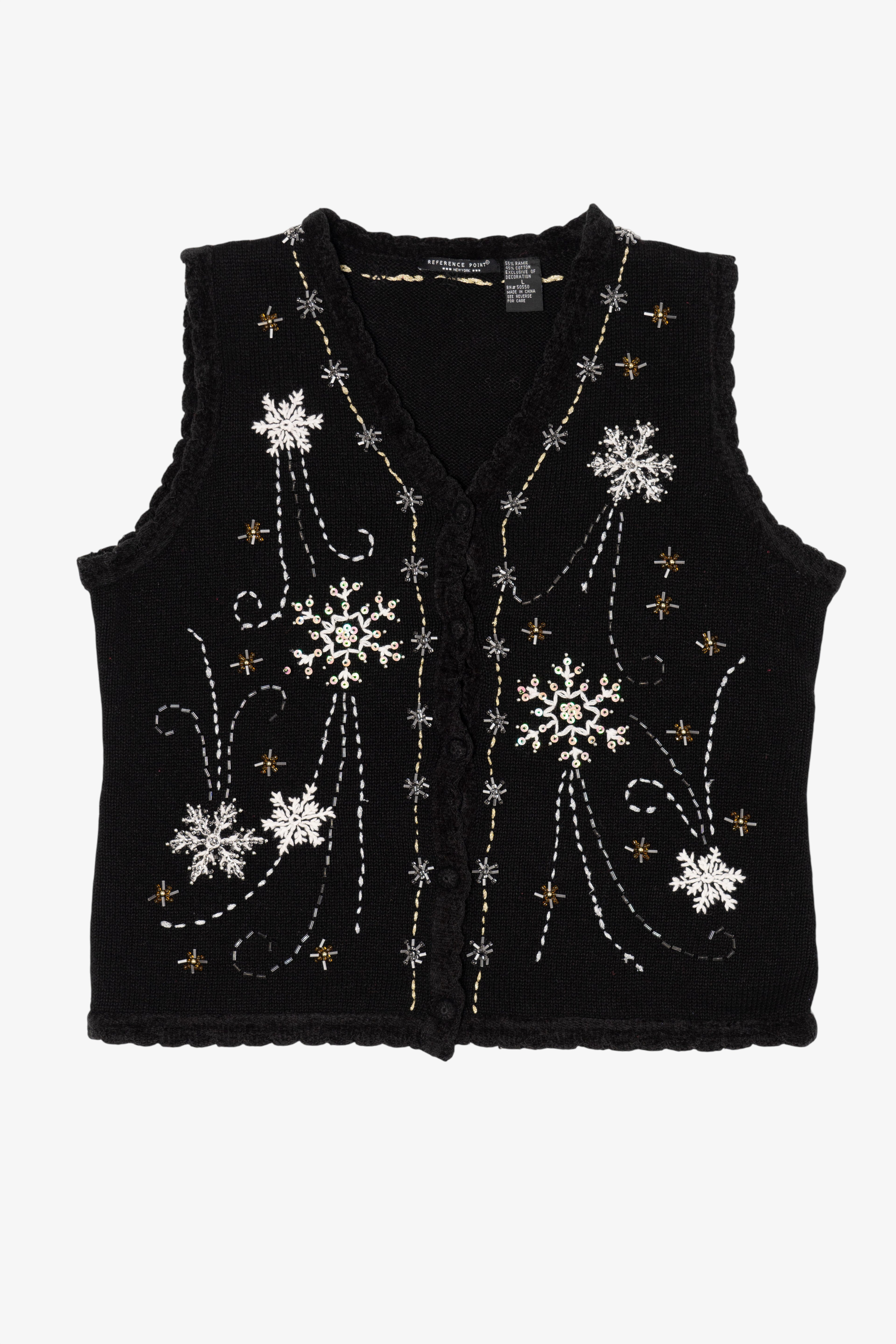 Vintage Black Reference Point Snowflakes Ugly Christmas Vest (1990s)