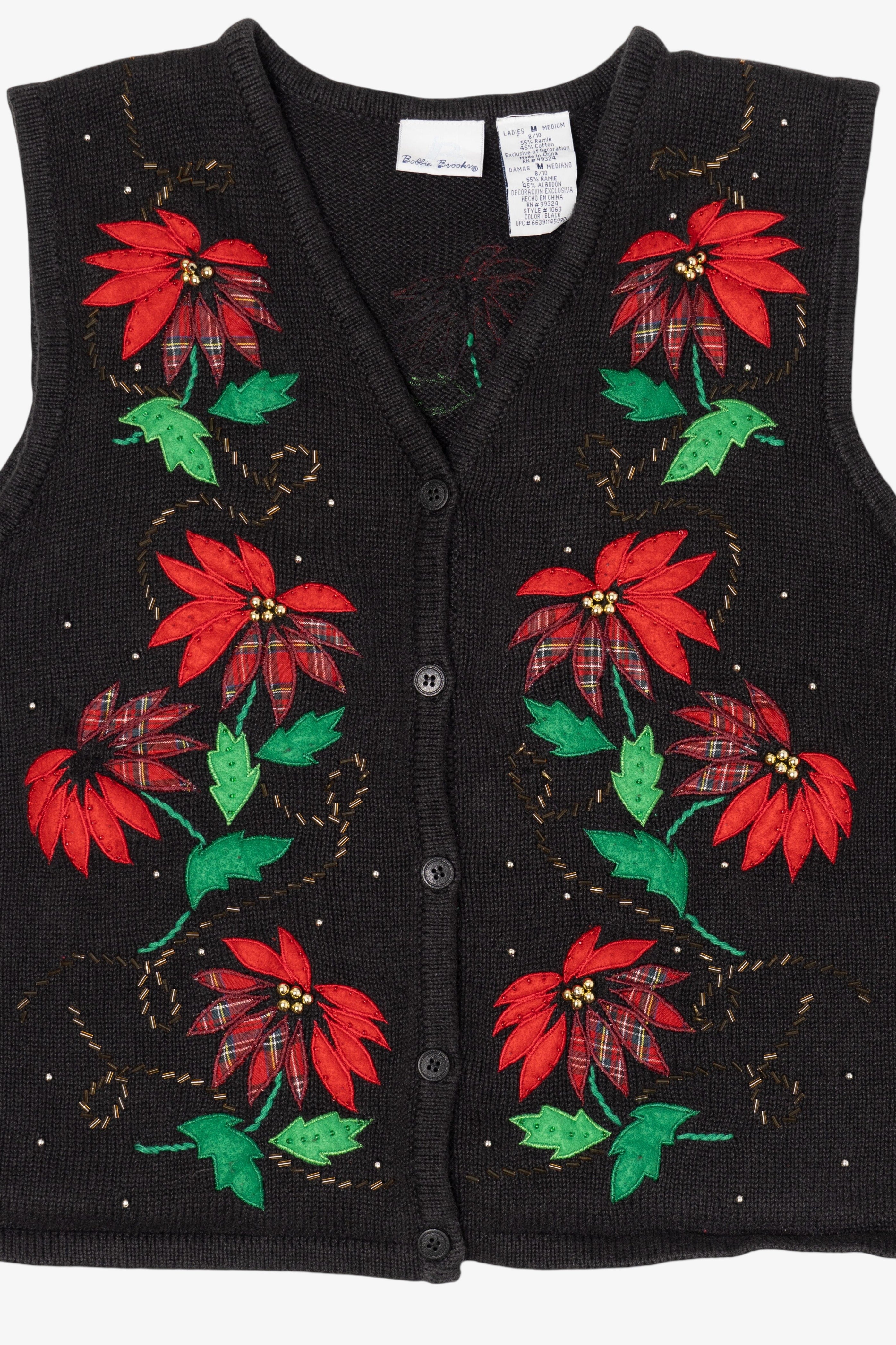 Vintage Black Bobbie Brooks Poinsettias Ugly Christmas Vest (1990s)