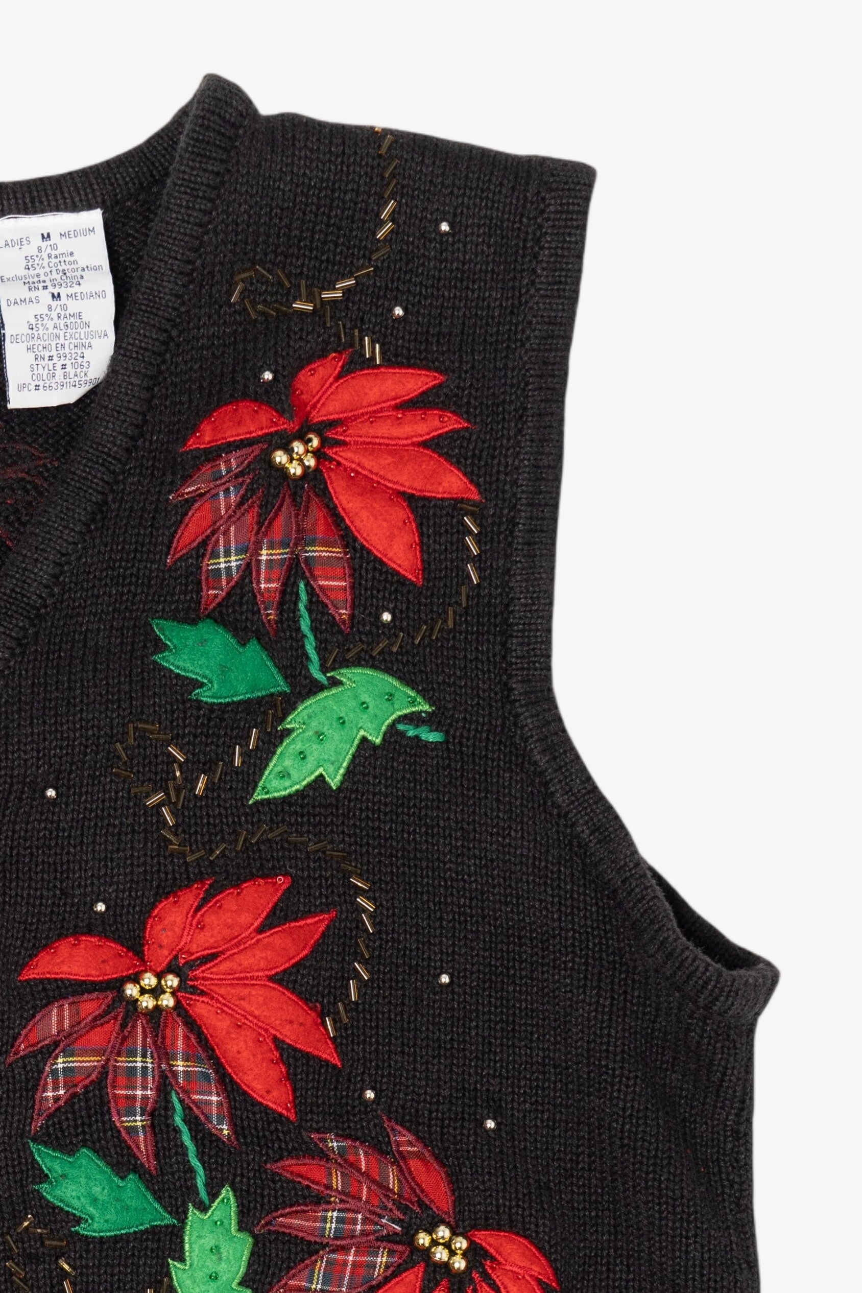 Vintage Black Bobbie Brooks Poinsettias Ugly Christmas Vest (1990s)