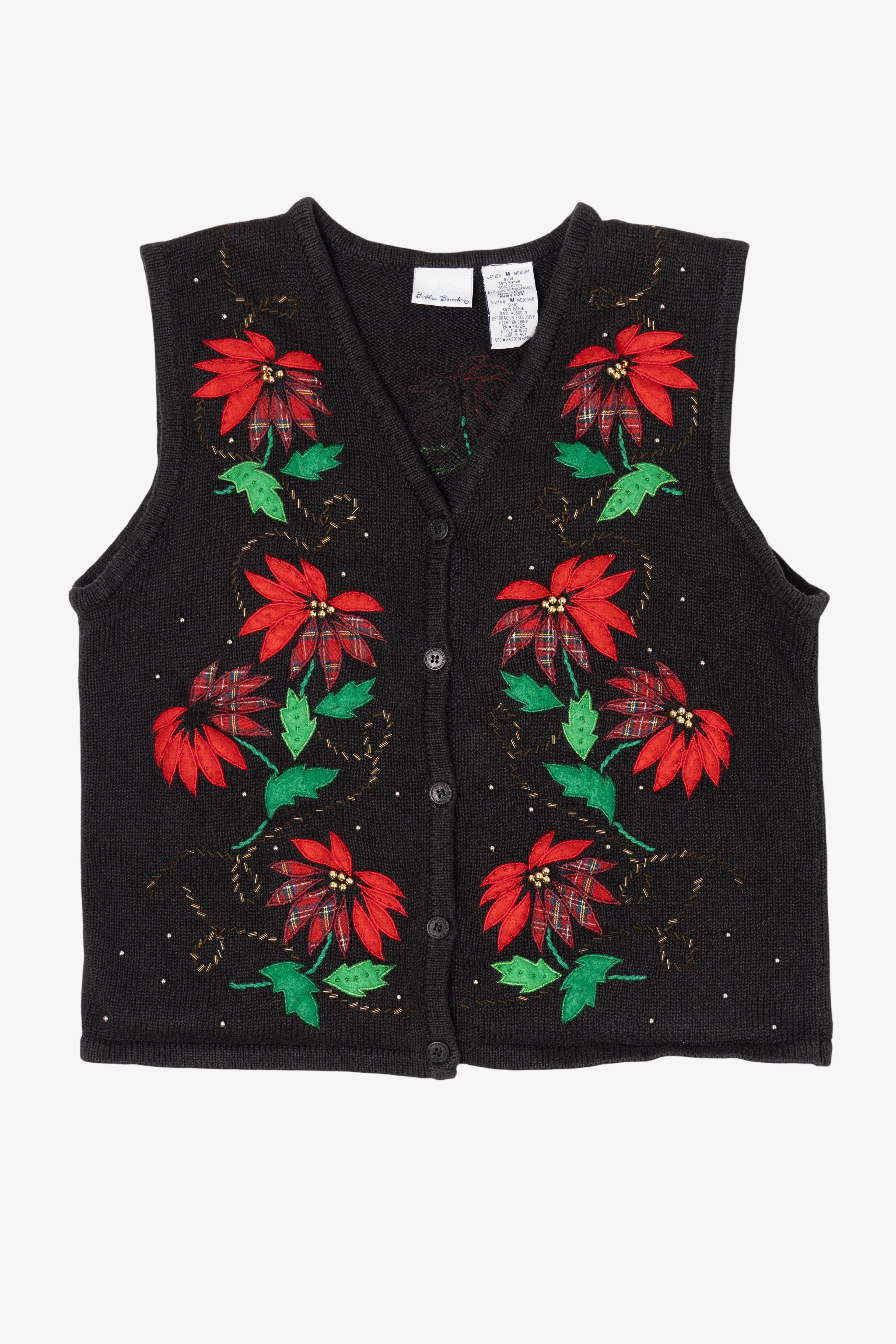 Vintage Black Bobbie Brooks Poinsettias Ugly Christmas Vest (1990s)