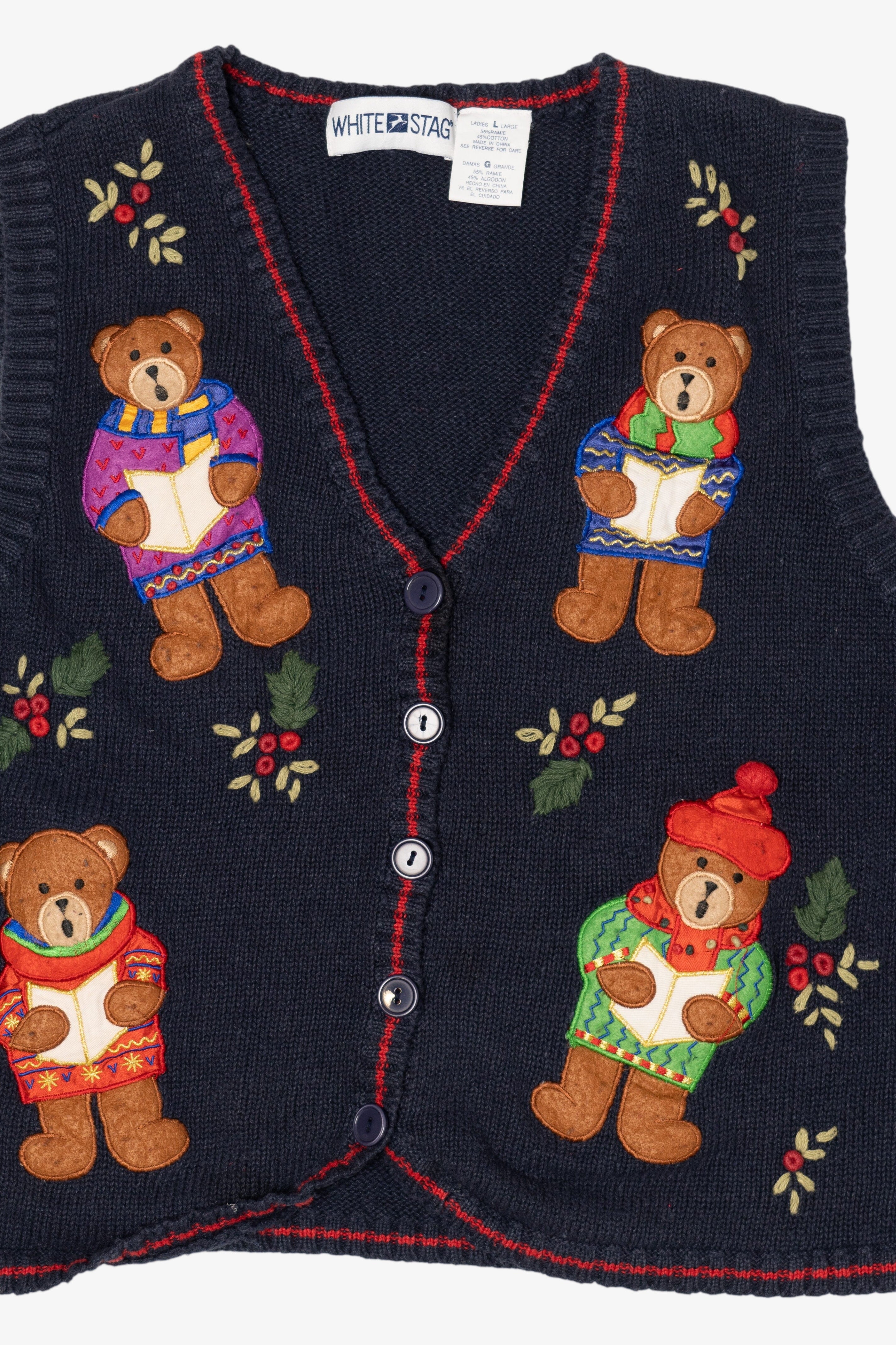 Vintage White Stag Caroling Teddy Bears Ugly Christmas Vest (1990s)
