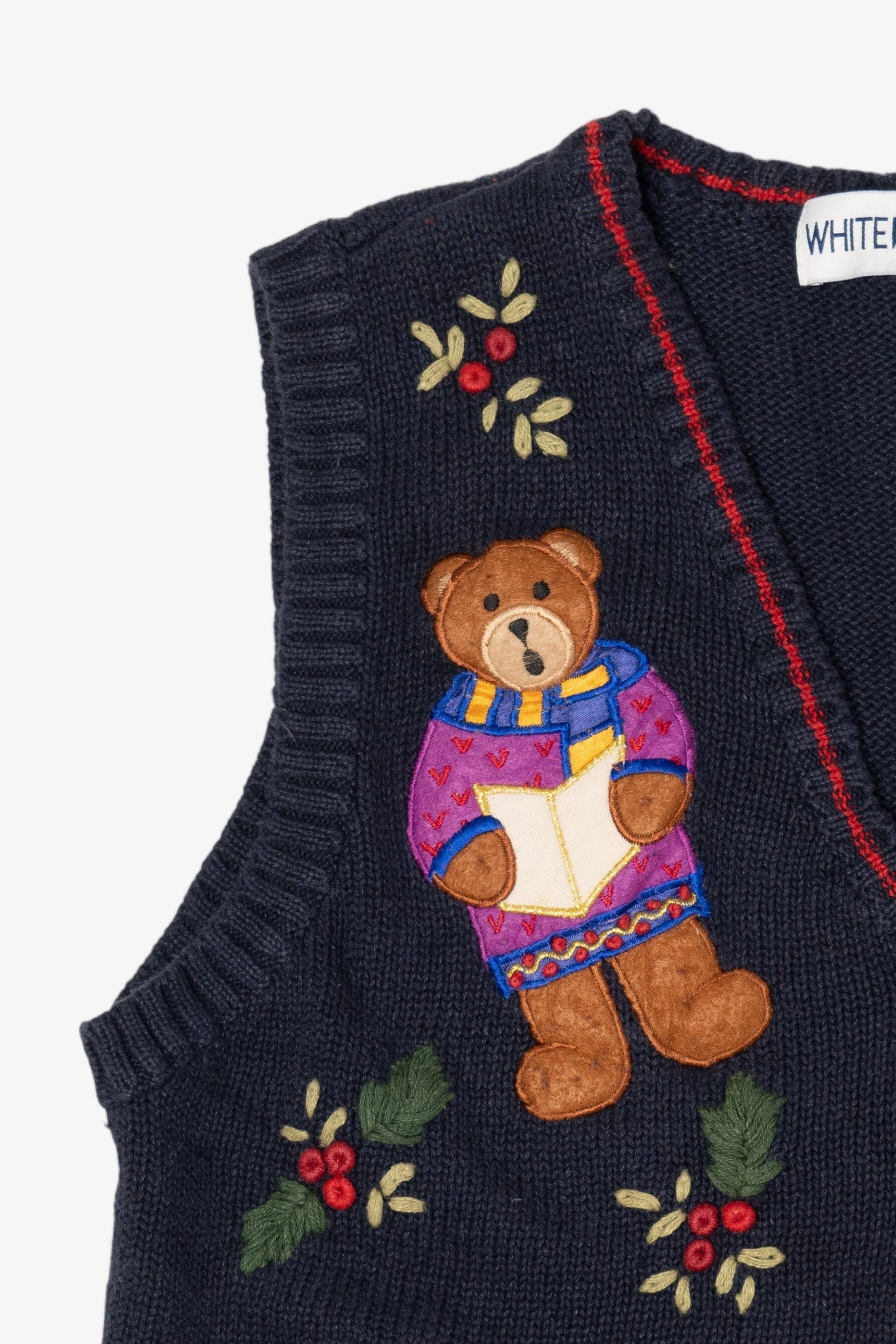 Vintage White Stag Caroling Teddy Bears Ugly Christmas Vest (1990s)