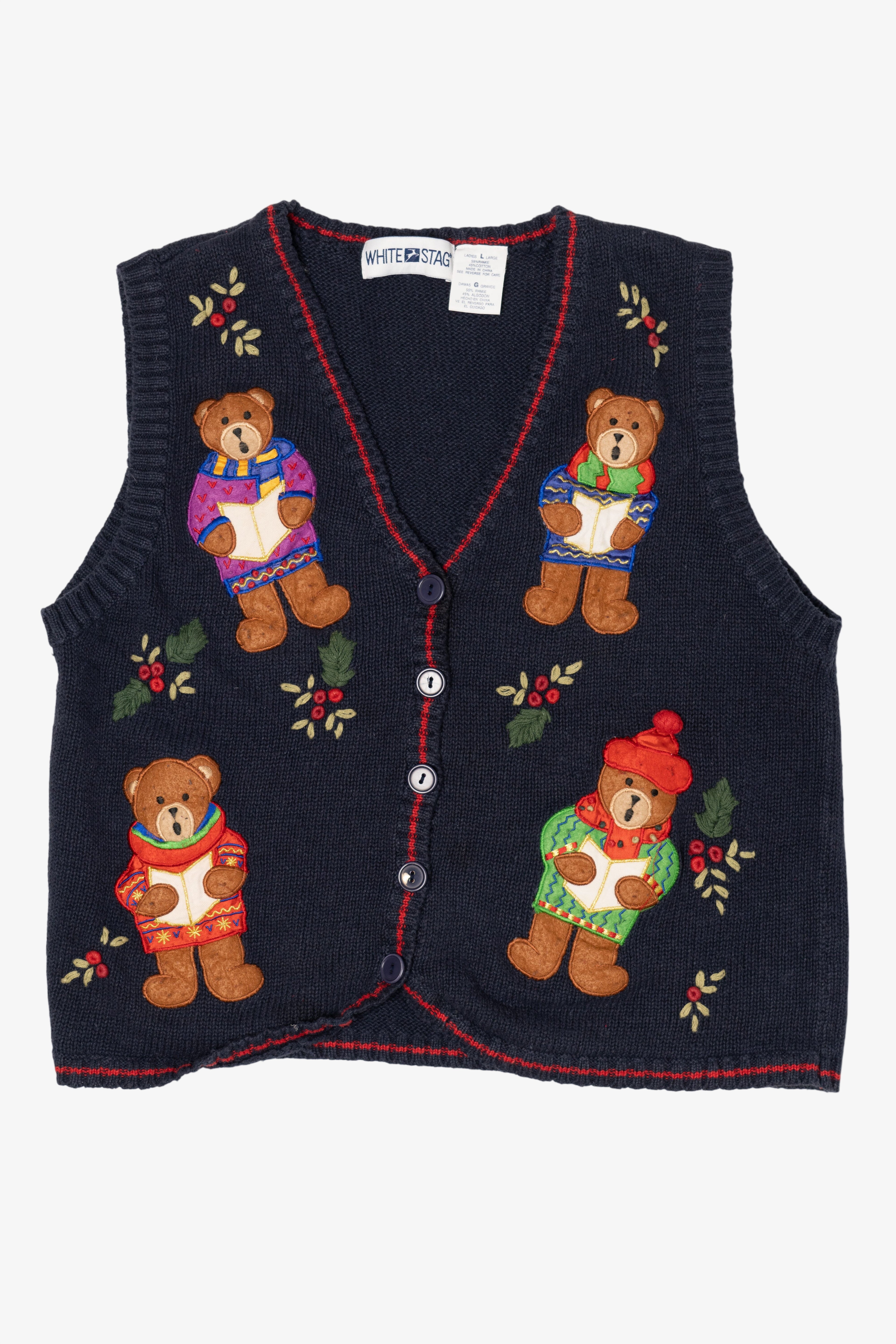 Vintage White Stag Caroling Teddy Bears Ugly Christmas Vest (1990s)