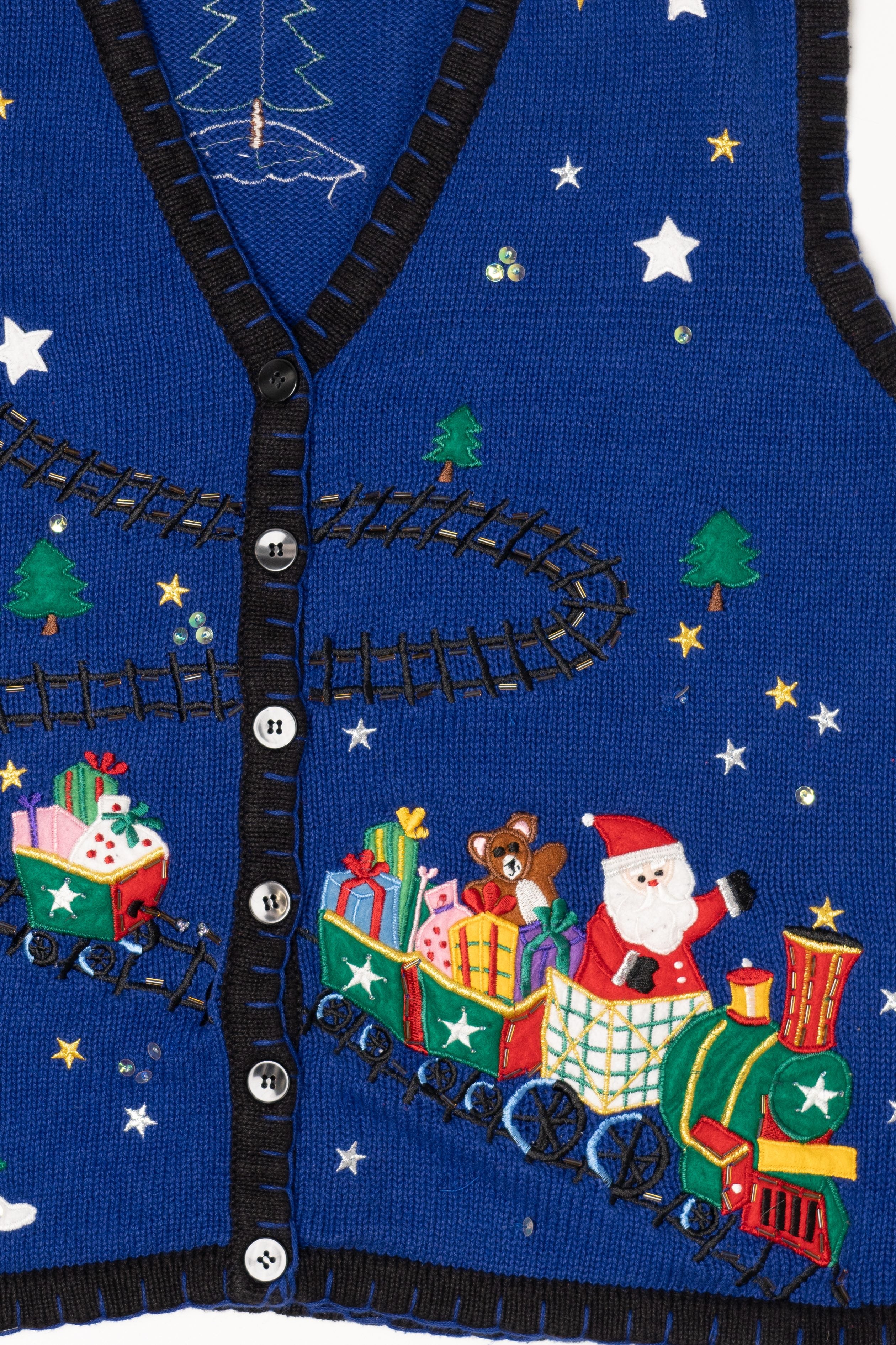 Vintage Blue Bobbie Brooks Santa Train Ugly Christmas Vest (2000s)