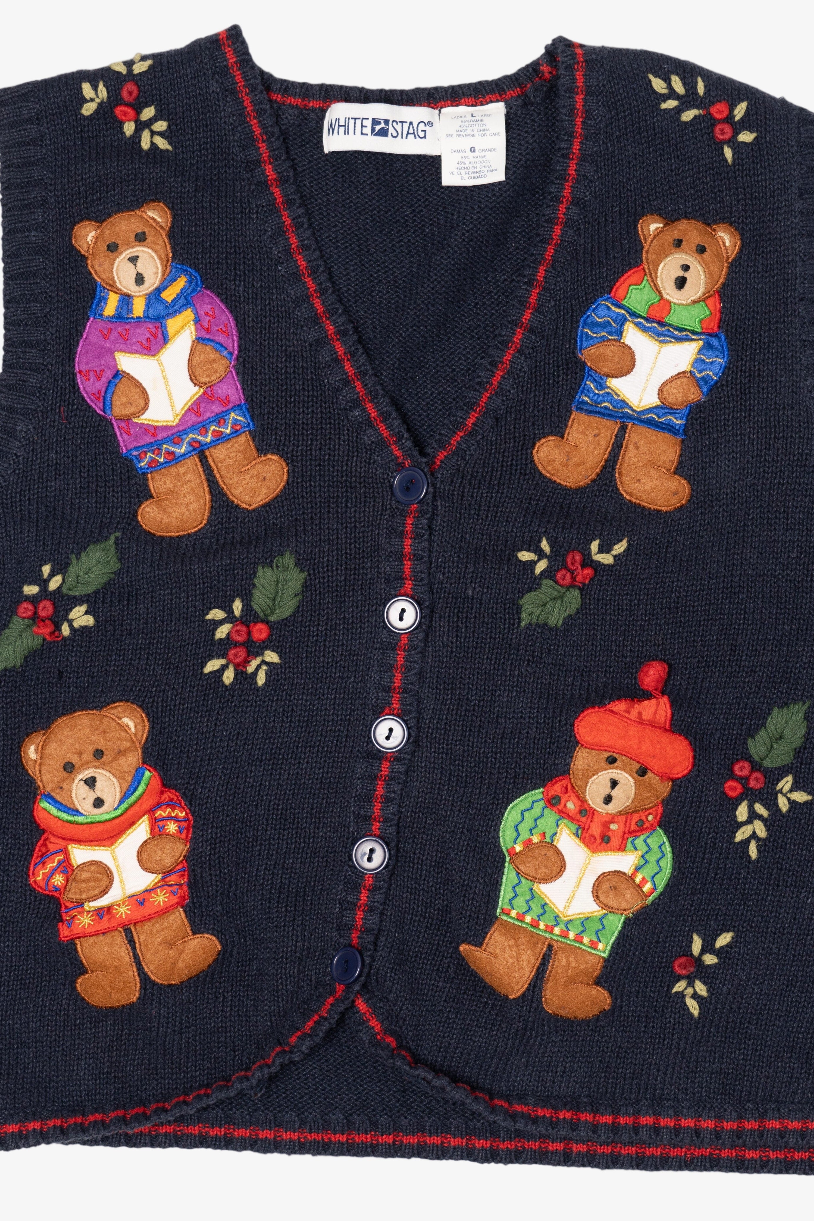Vintage Navy Blue White Stag Caroling Teddy Bears Ugly Christmas Vest (1990s)