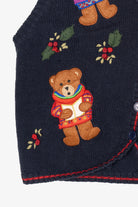 Vintage Navy Blue White Stag Caroling Teddy Bears Ugly Christmas Vest (1990s)