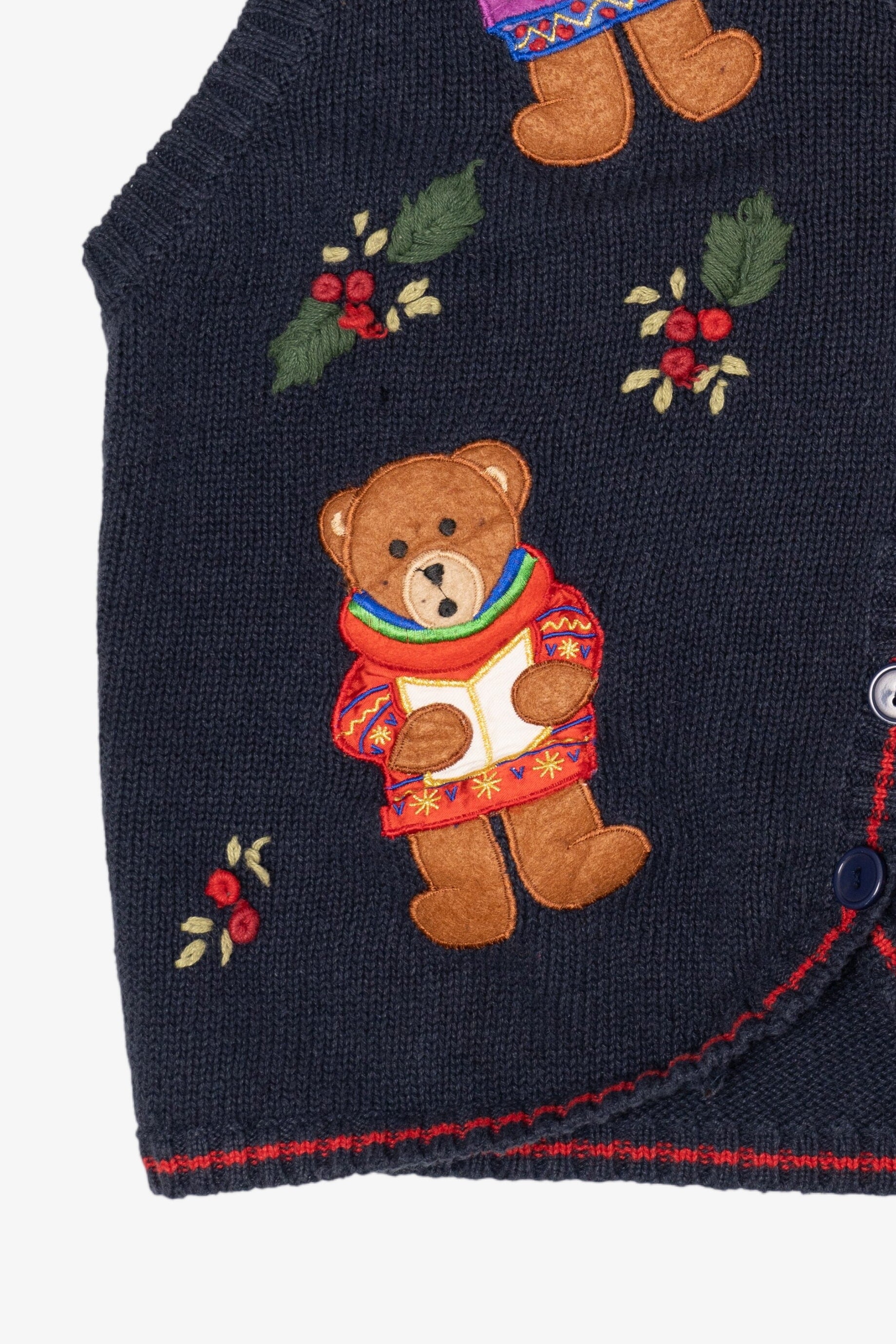 Vintage Navy Blue White Stag Caroling Teddy Bears Ugly Christmas Vest (1990s)