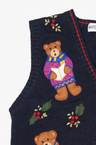 Vintage Navy Blue White Stag Caroling Teddy Bears Ugly Christmas Vest (1990s)