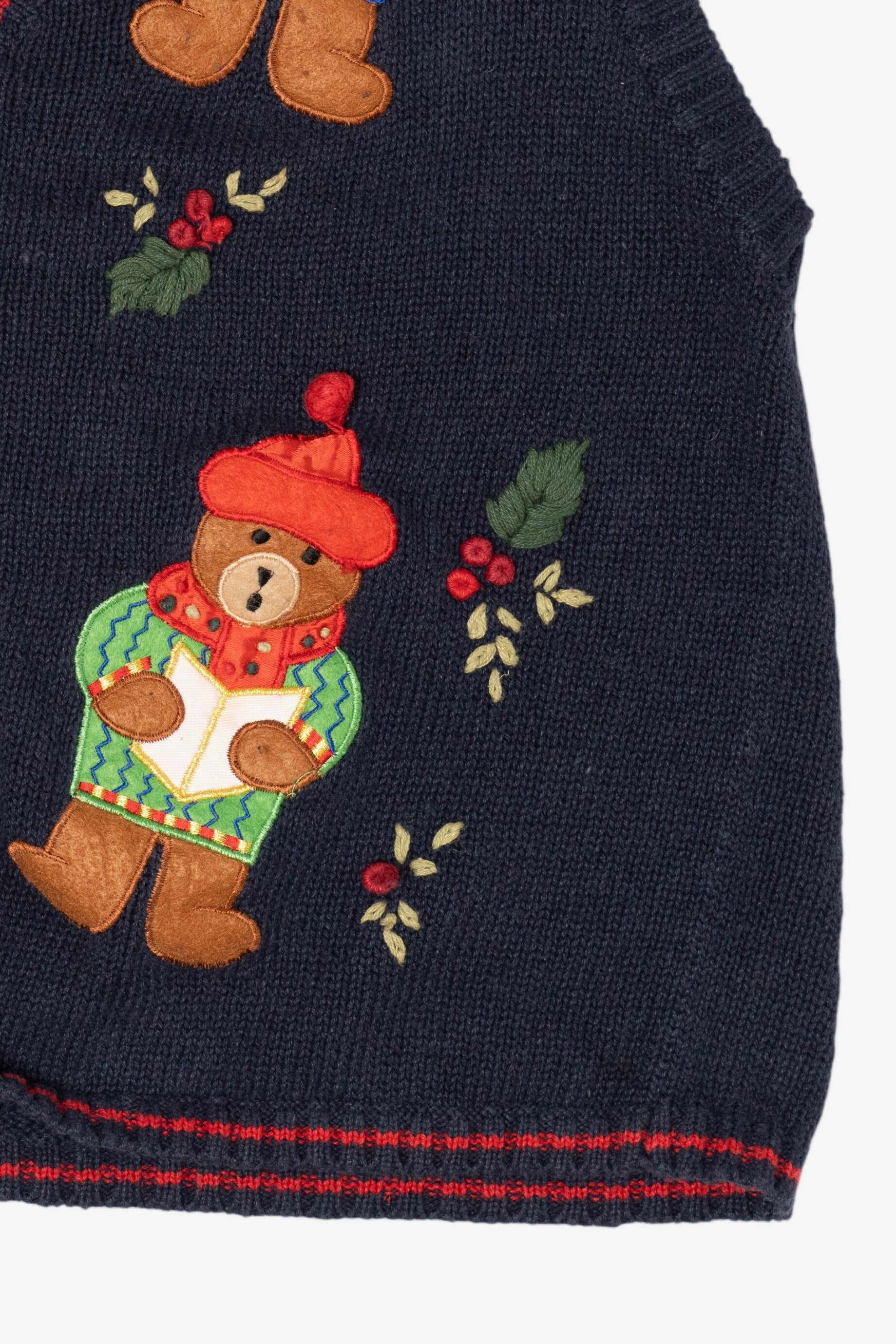 Vintage Navy Blue White Stag Caroling Teddy Bears Ugly Christmas Vest (1990s)
