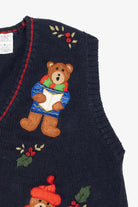 Vintage Navy Blue White Stag Caroling Teddy Bears Ugly Christmas Vest (1990s)