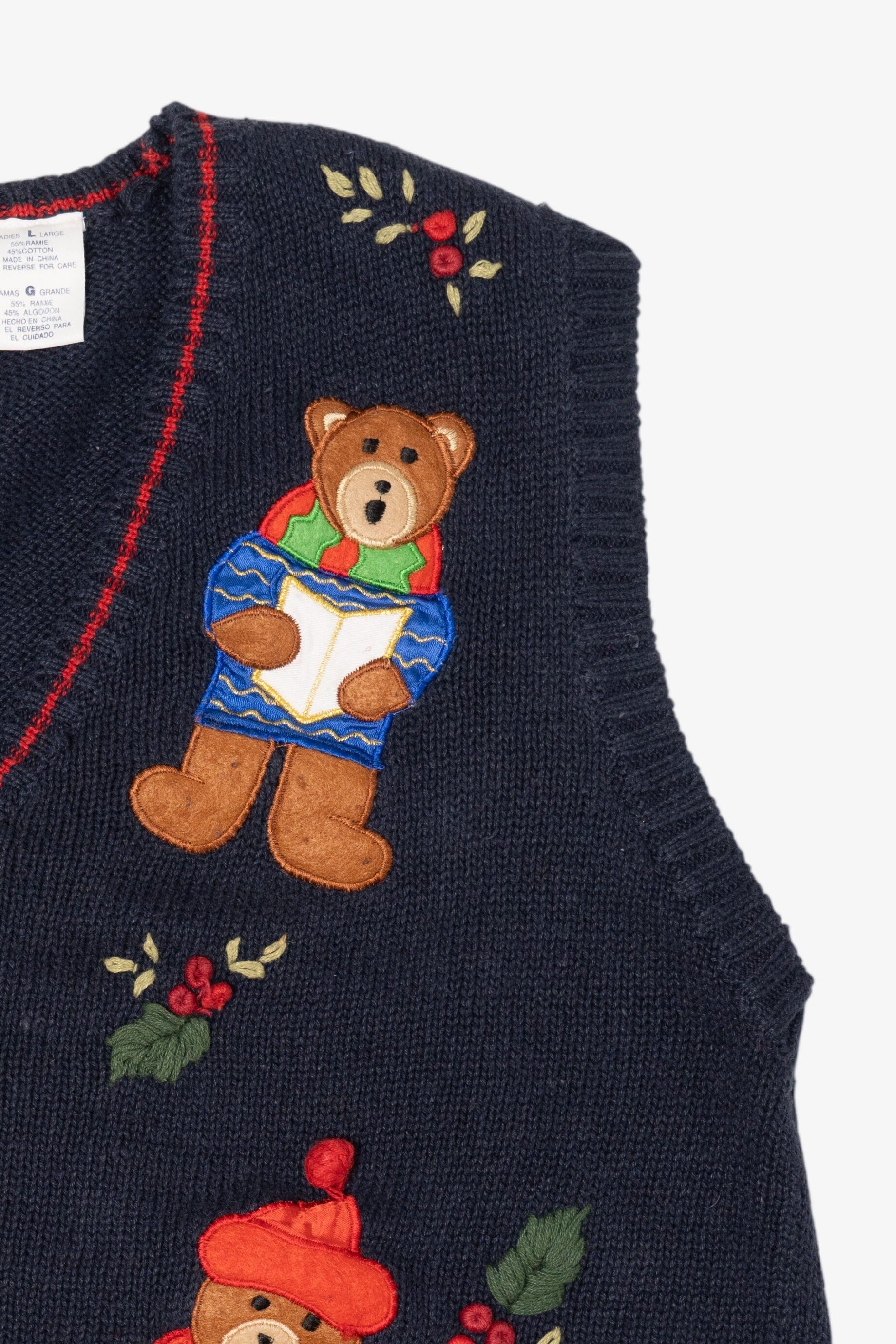 Vintage Navy Blue White Stag Caroling Teddy Bears Ugly Christmas Vest (1990s)