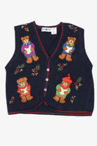 Vintage Navy Blue White Stag Caroling Teddy Bears Ugly Christmas Vest (1990s)