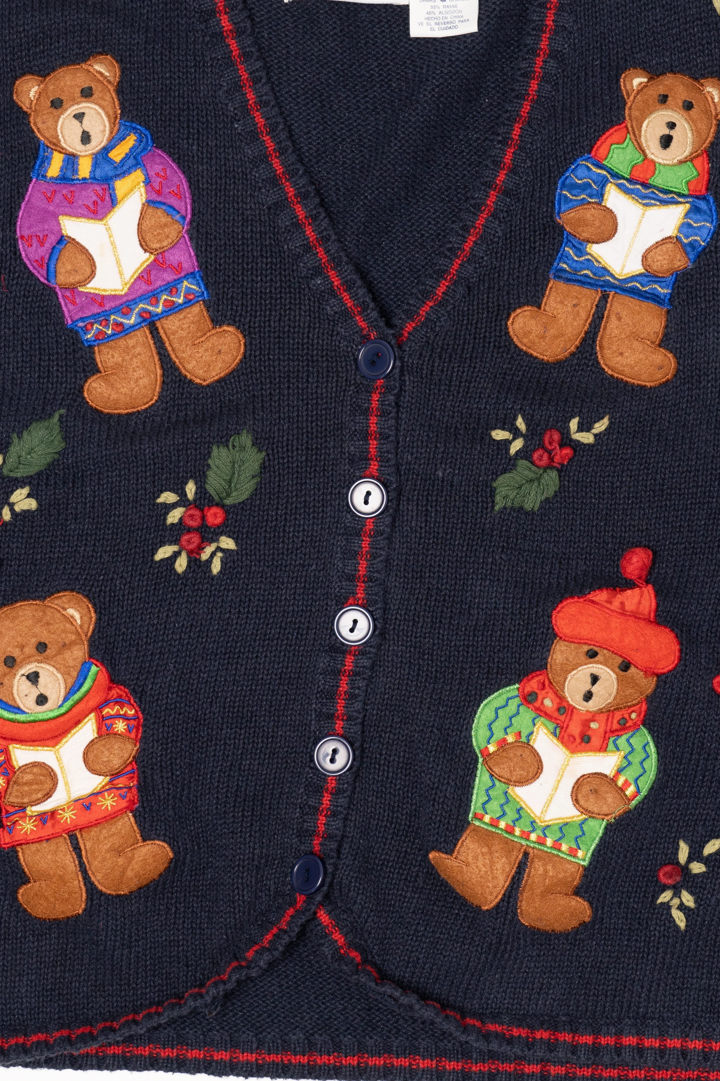 Vintage Navy Blue White Stag Caroling Teddy Bears Ugly Christmas Vest (1990s)