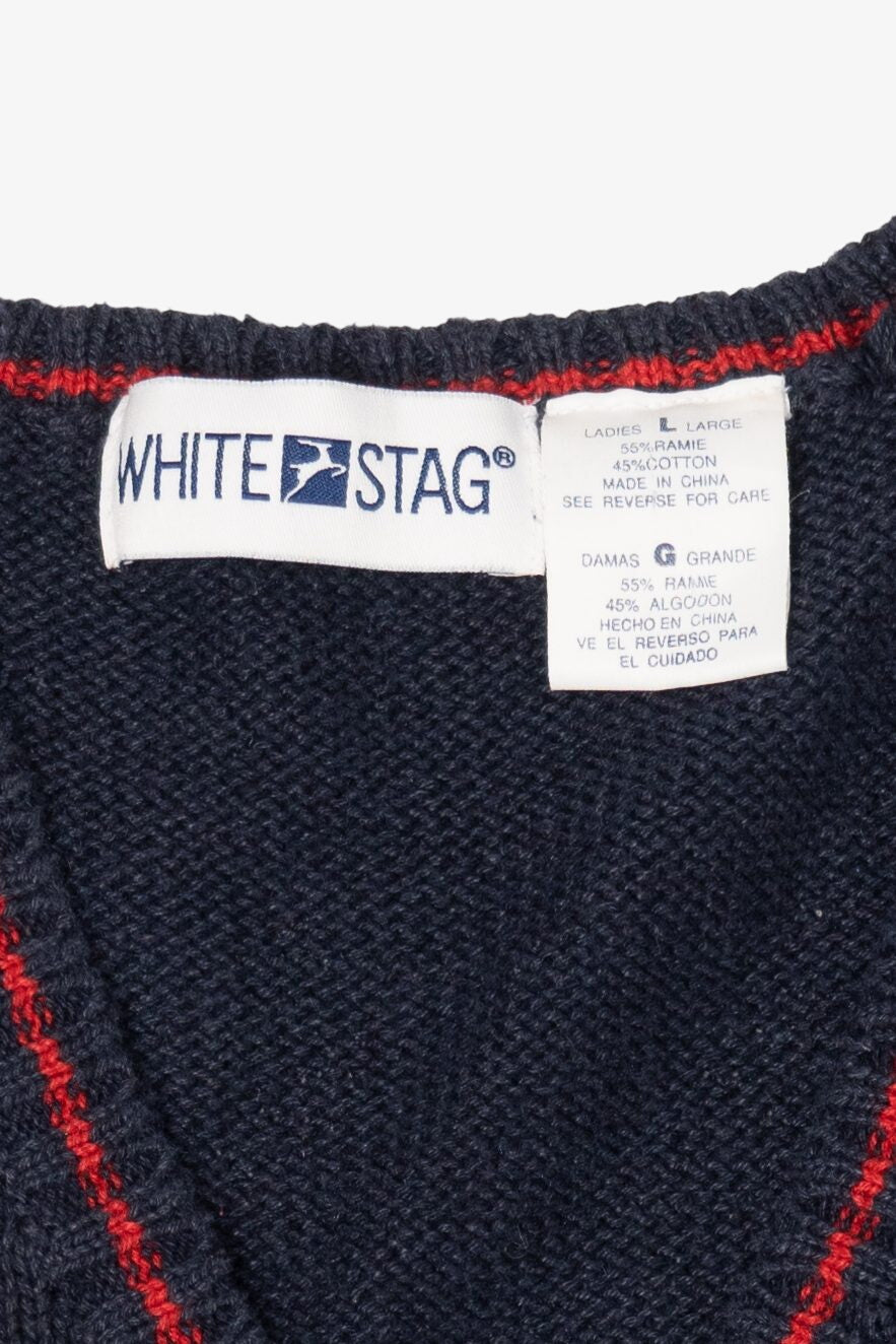 Vintage Navy Blue White Stag Caroling Teddy Bears Ugly Christmas Vest (1990s)