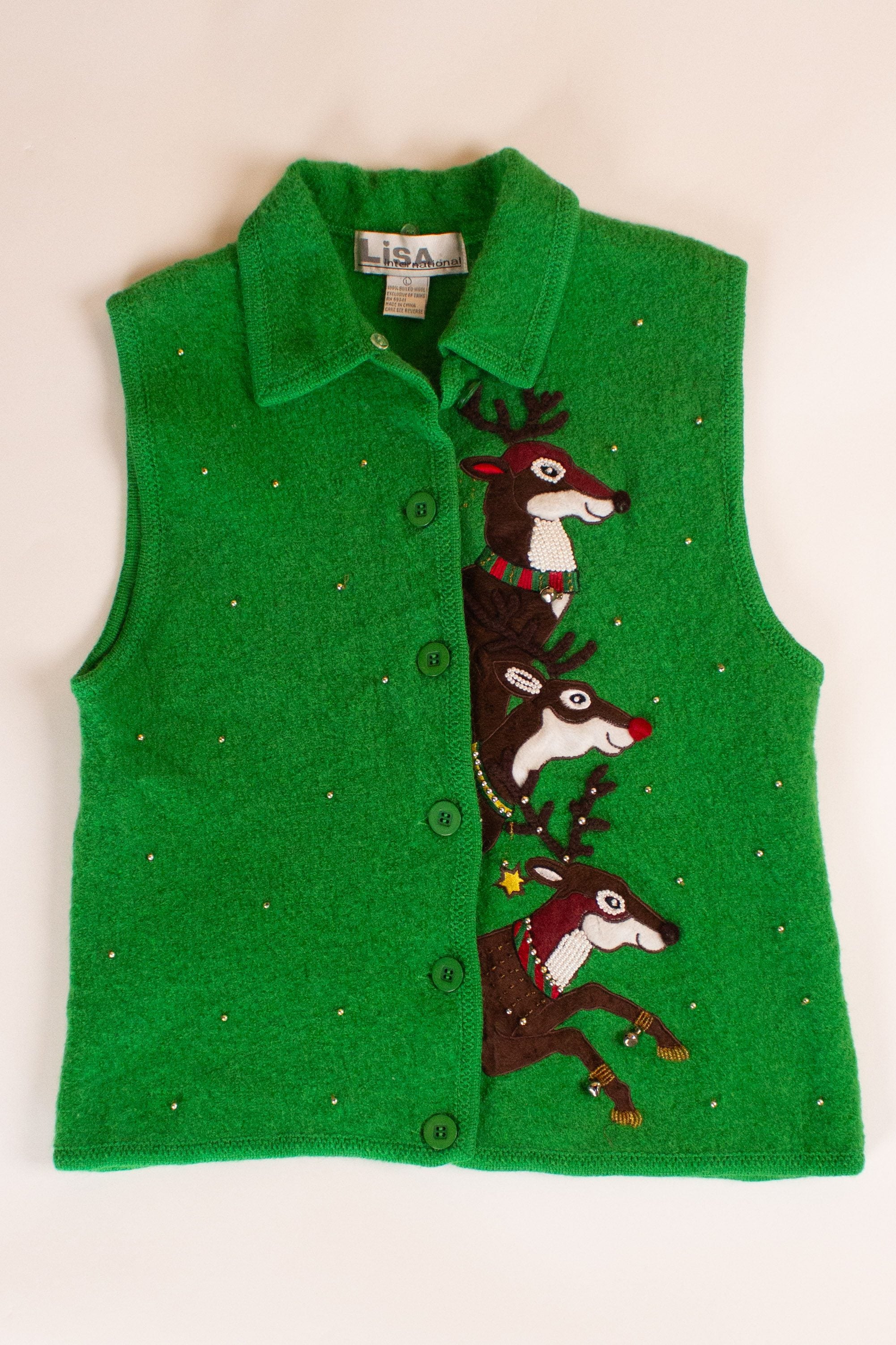 Green Wool Reindeer Ugly Christmas Vest (2000s)