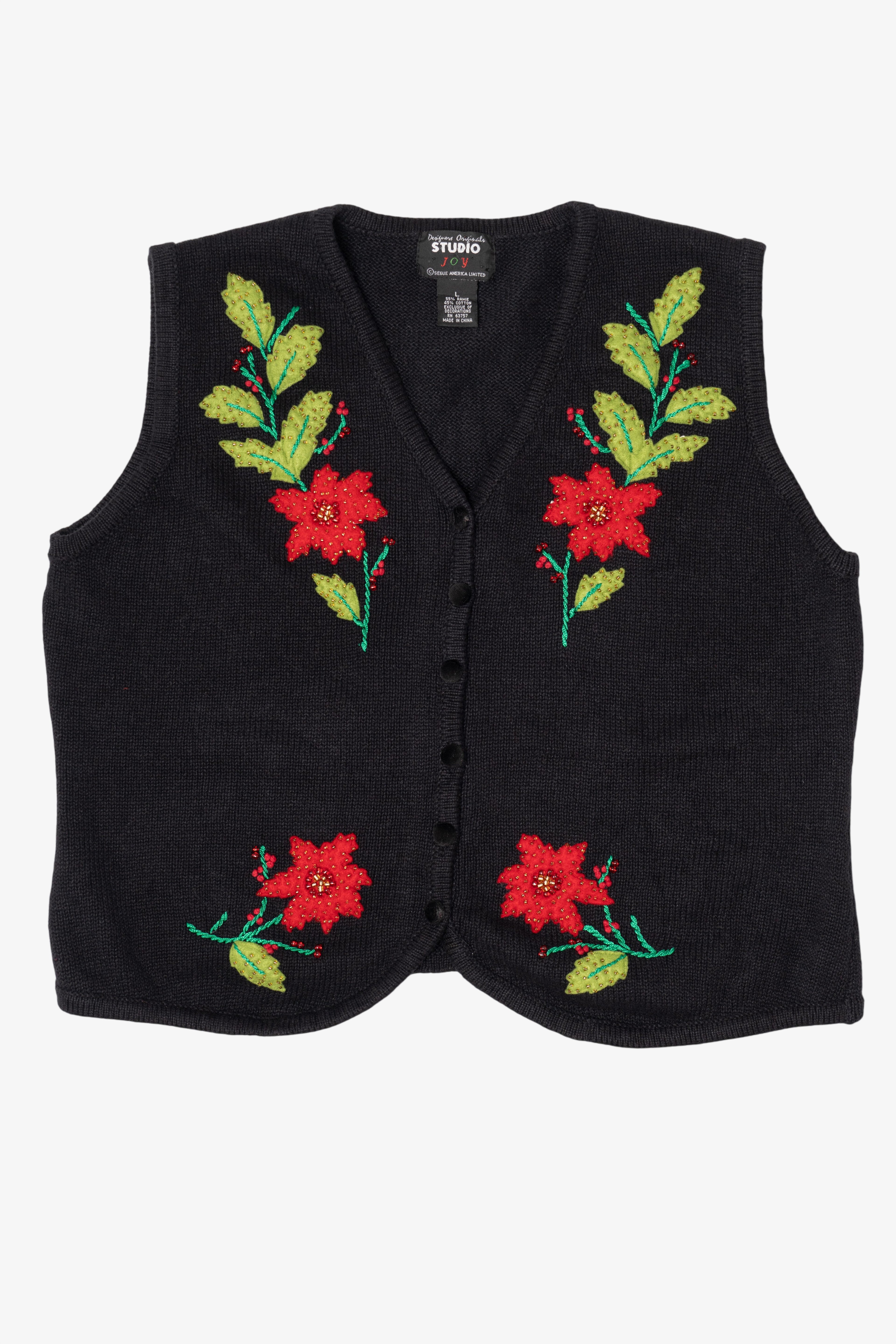 Vintage Black Studio Joy Poinsettias Ugly Christmas Vest (1990s)