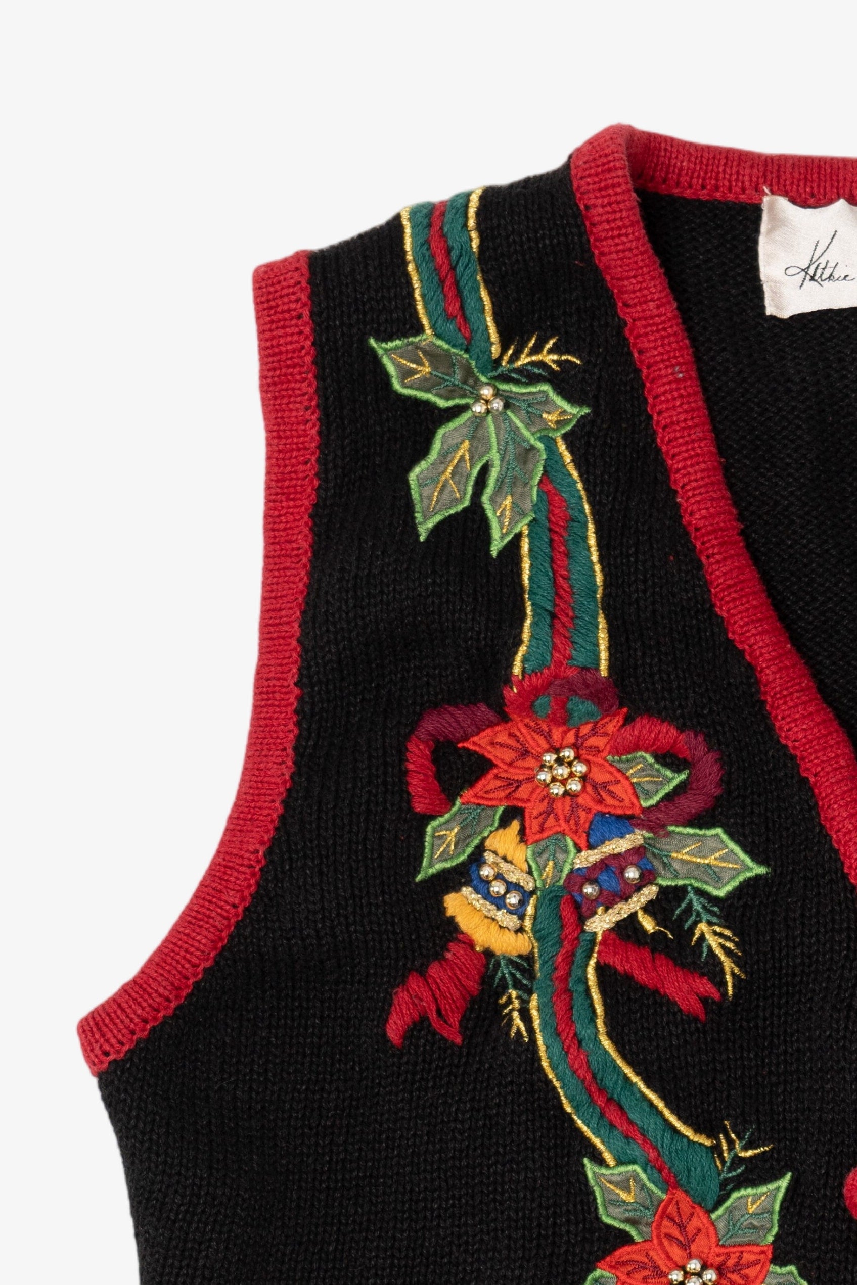 Vintage Black Kathie Lee Poinsettias Ugly Christmas Vest (1990s)