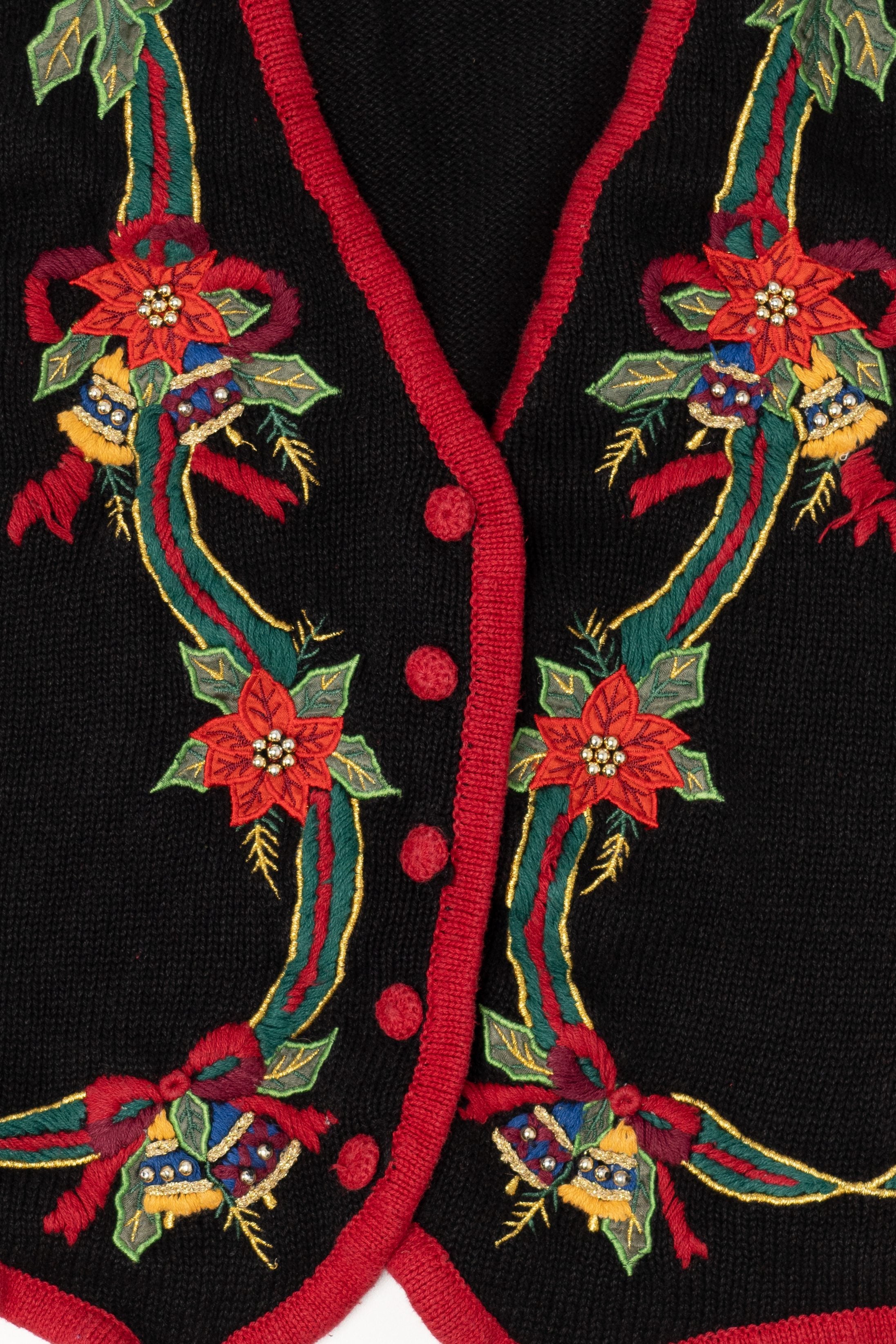 Vintage Black Kathie Lee Poinsettias Ugly Christmas Vest (1990s)