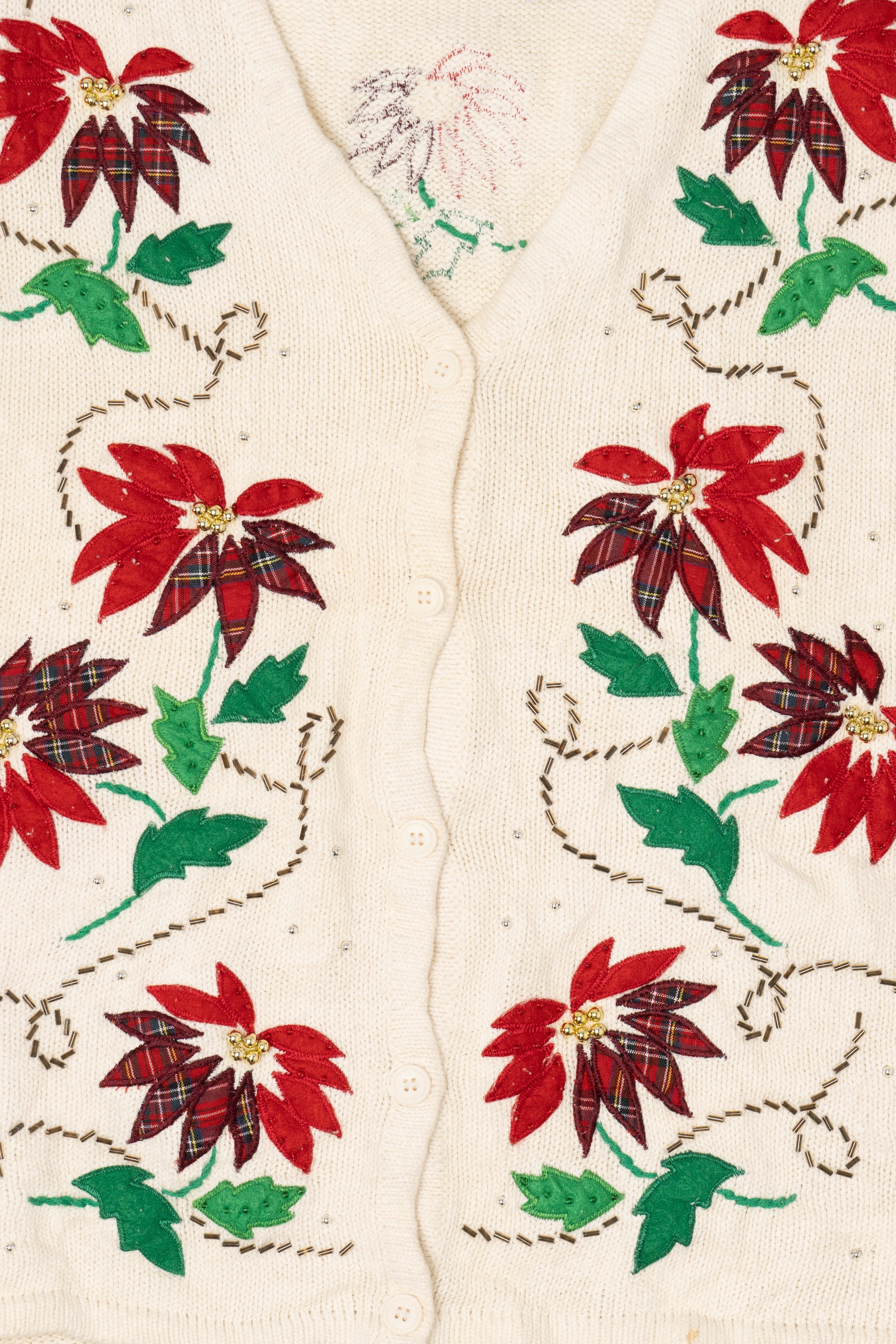 Vintage White Bobbie Brooks Poinsettias Ugly Christmas Vest (1990s)
