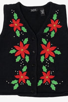 Vintage Black Crystal Kobe Poinsettias Ugly Christmas Vest (1990s)