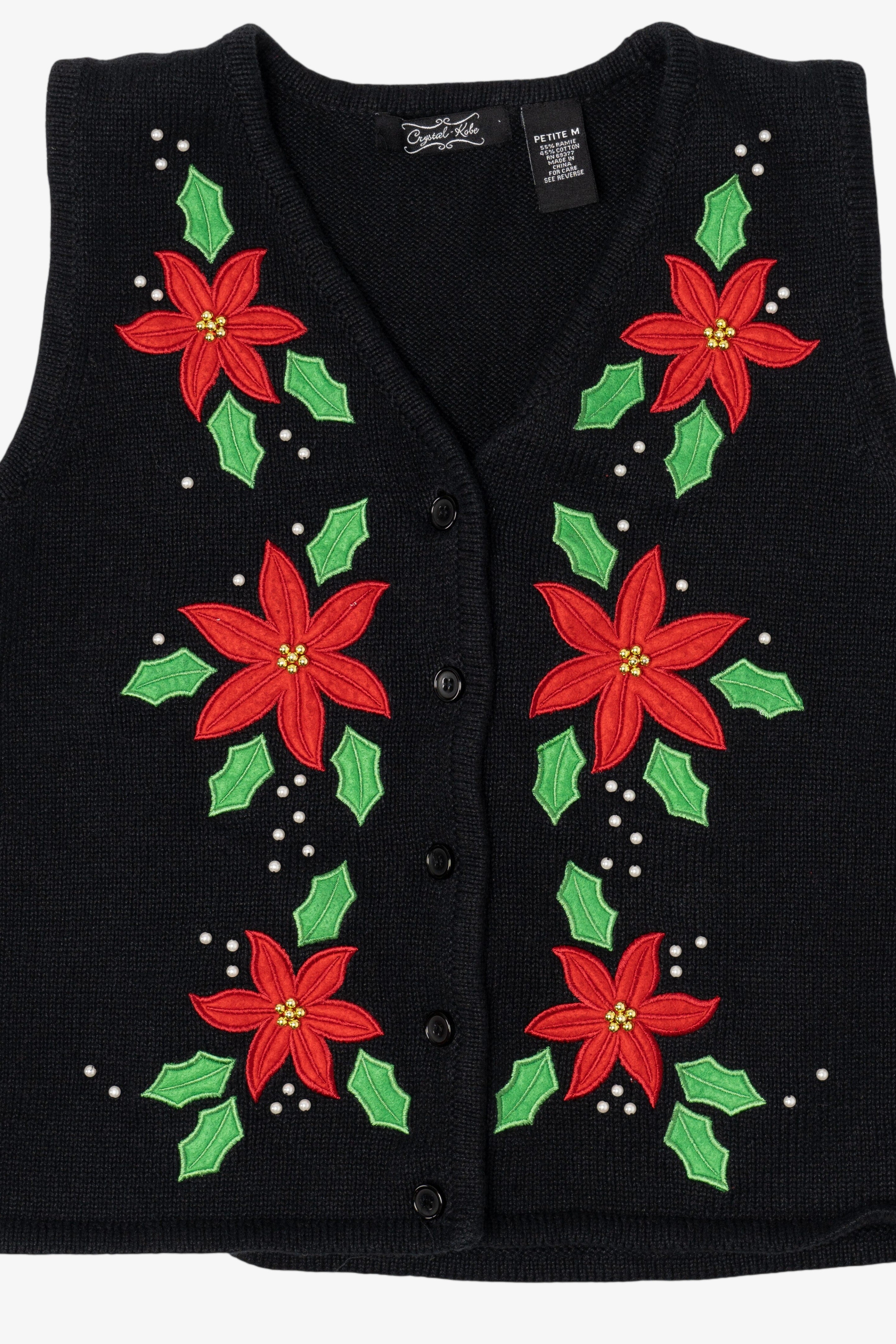 Vintage Black Crystal Kobe Poinsettias Ugly Christmas Vest (1990s)