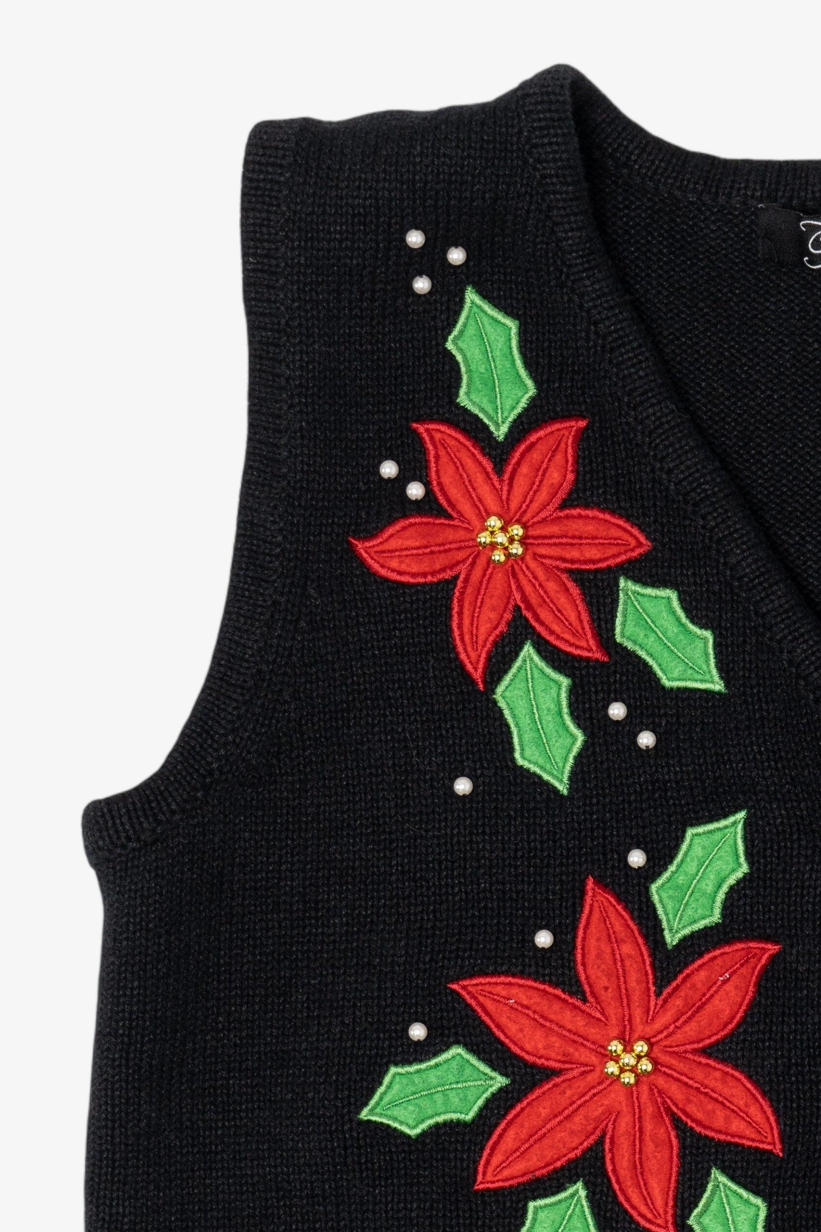 Vintage Black Crystal Kobe Poinsettias Ugly Christmas Vest (1990s)