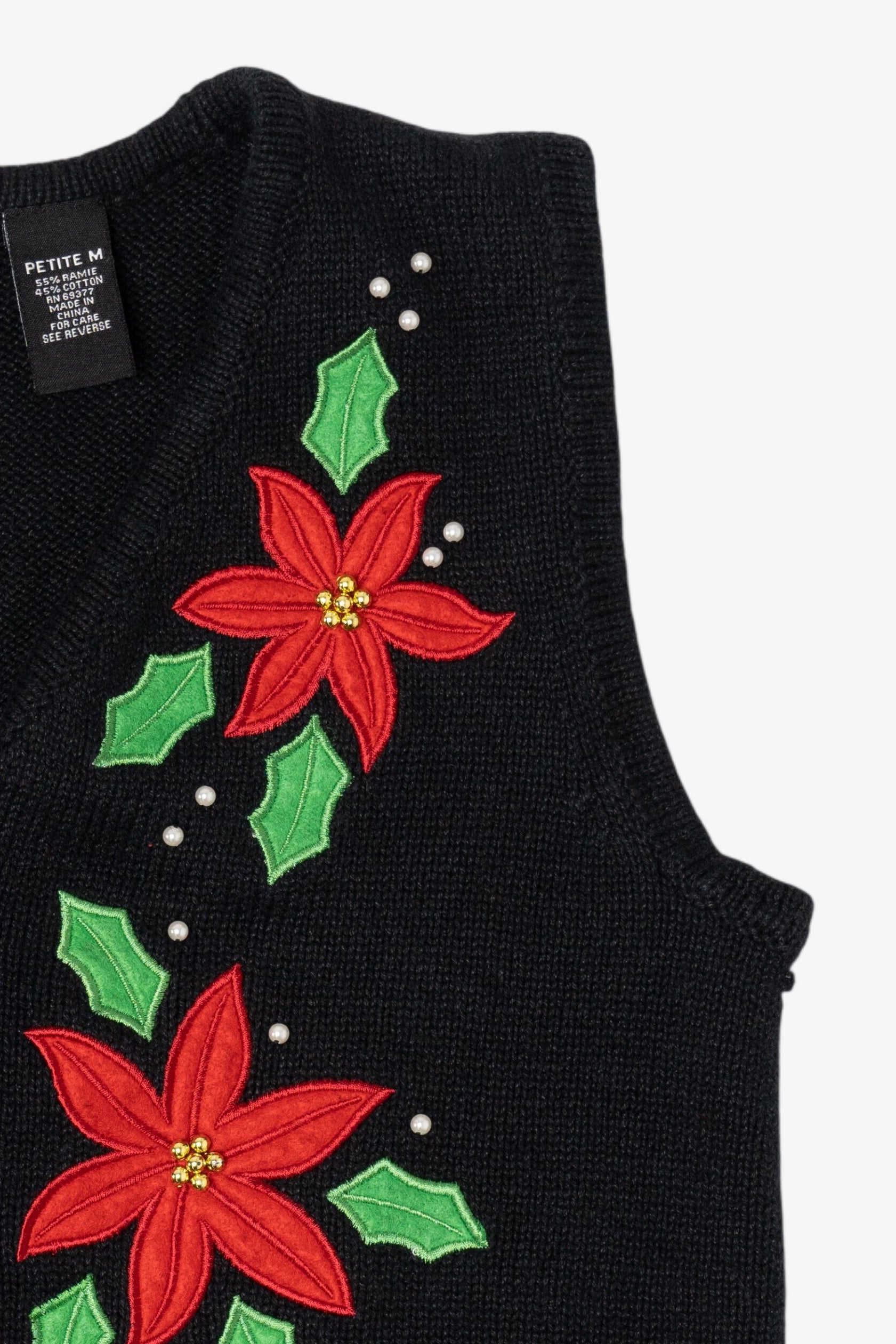 Vintage Black Crystal Kobe Poinsettias Ugly Christmas Vest (1990s)