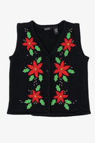 Vintage Black Crystal Kobe Poinsettias Ugly Christmas Vest (1990s)