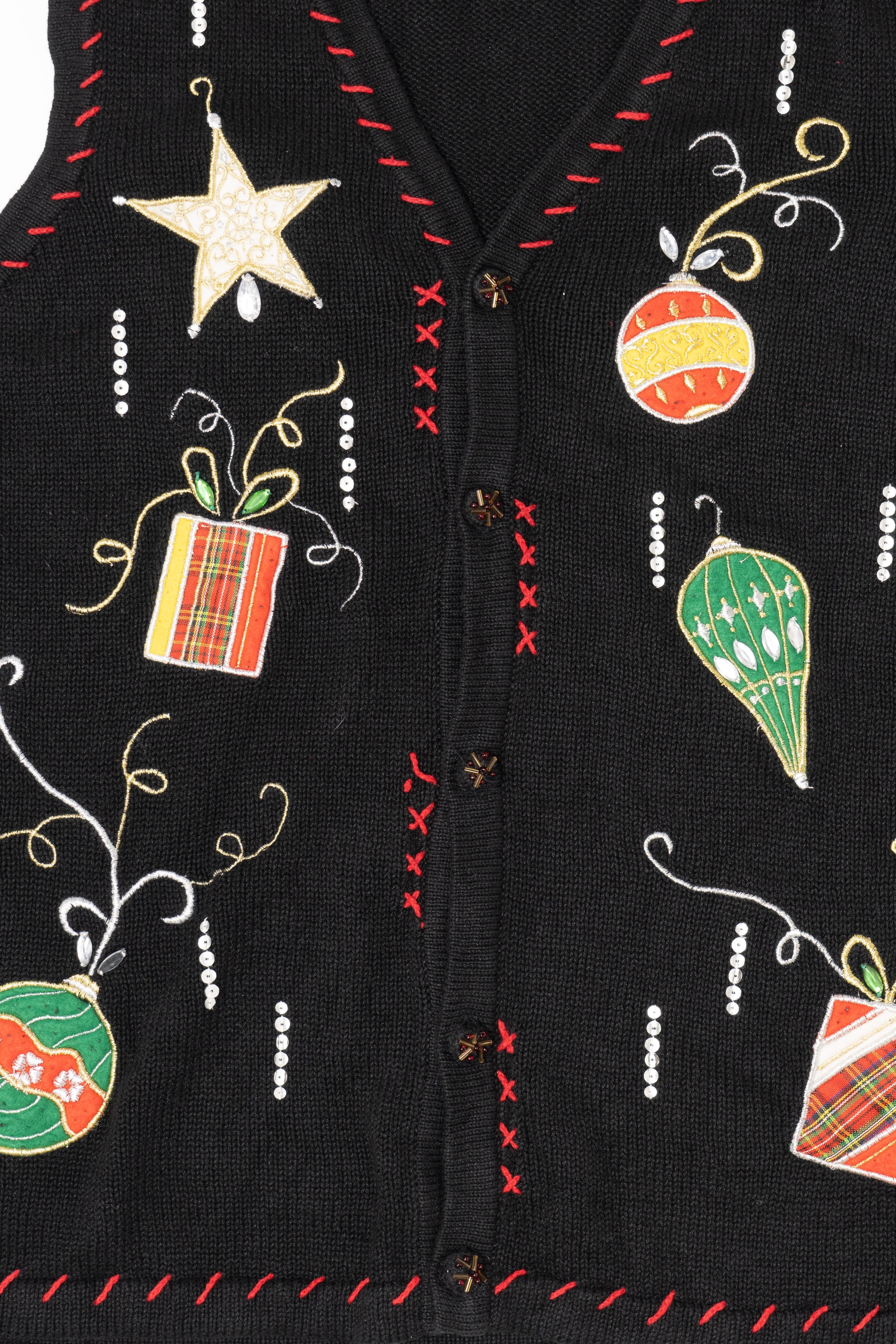 Vintage Black Holiday Editions Ornaments Ugly Christmas Vest (1990s)