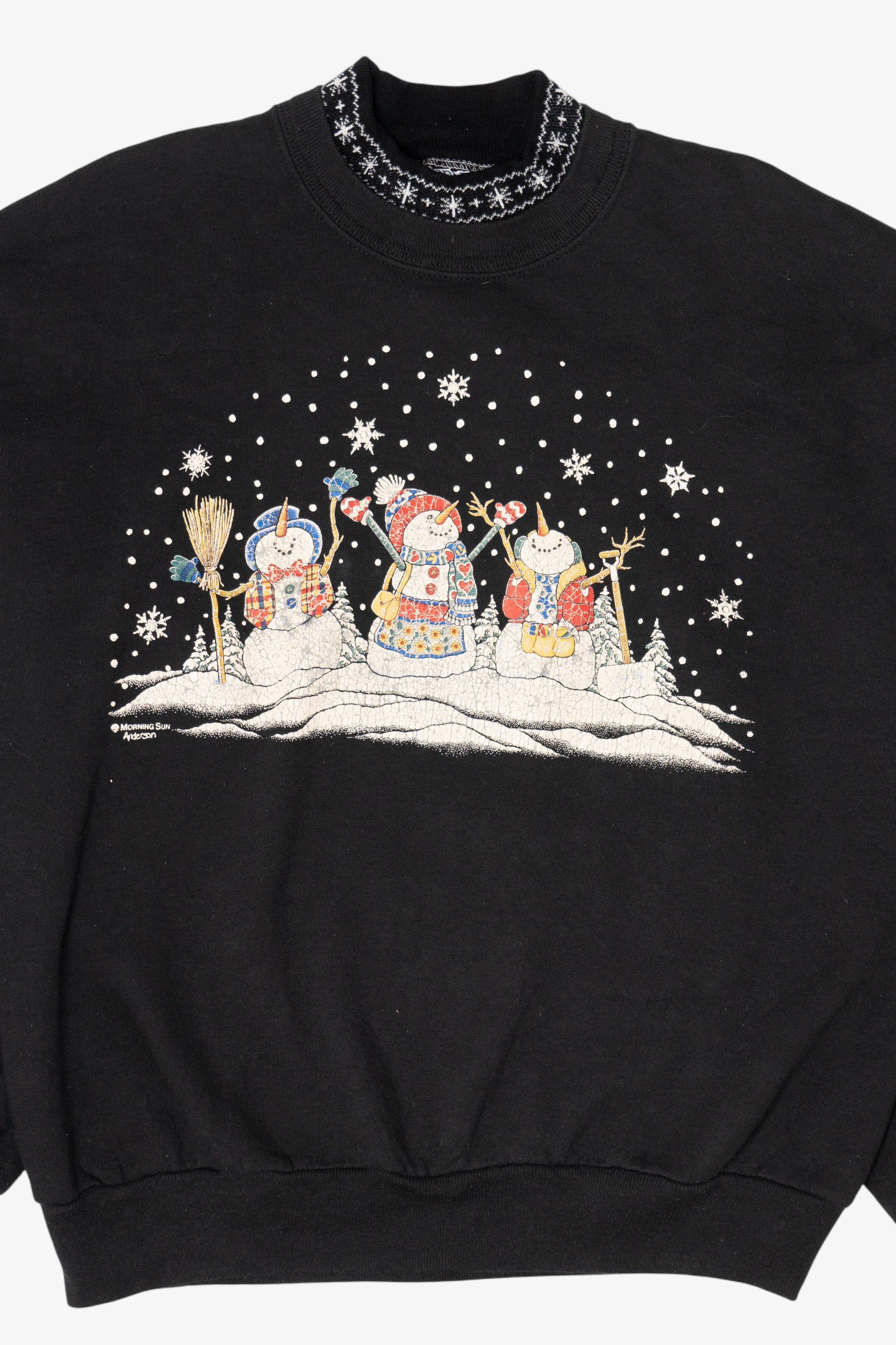 Vintage Black Morning Sun Snowmen Ugly Christmas Sweatshirt (1990s)