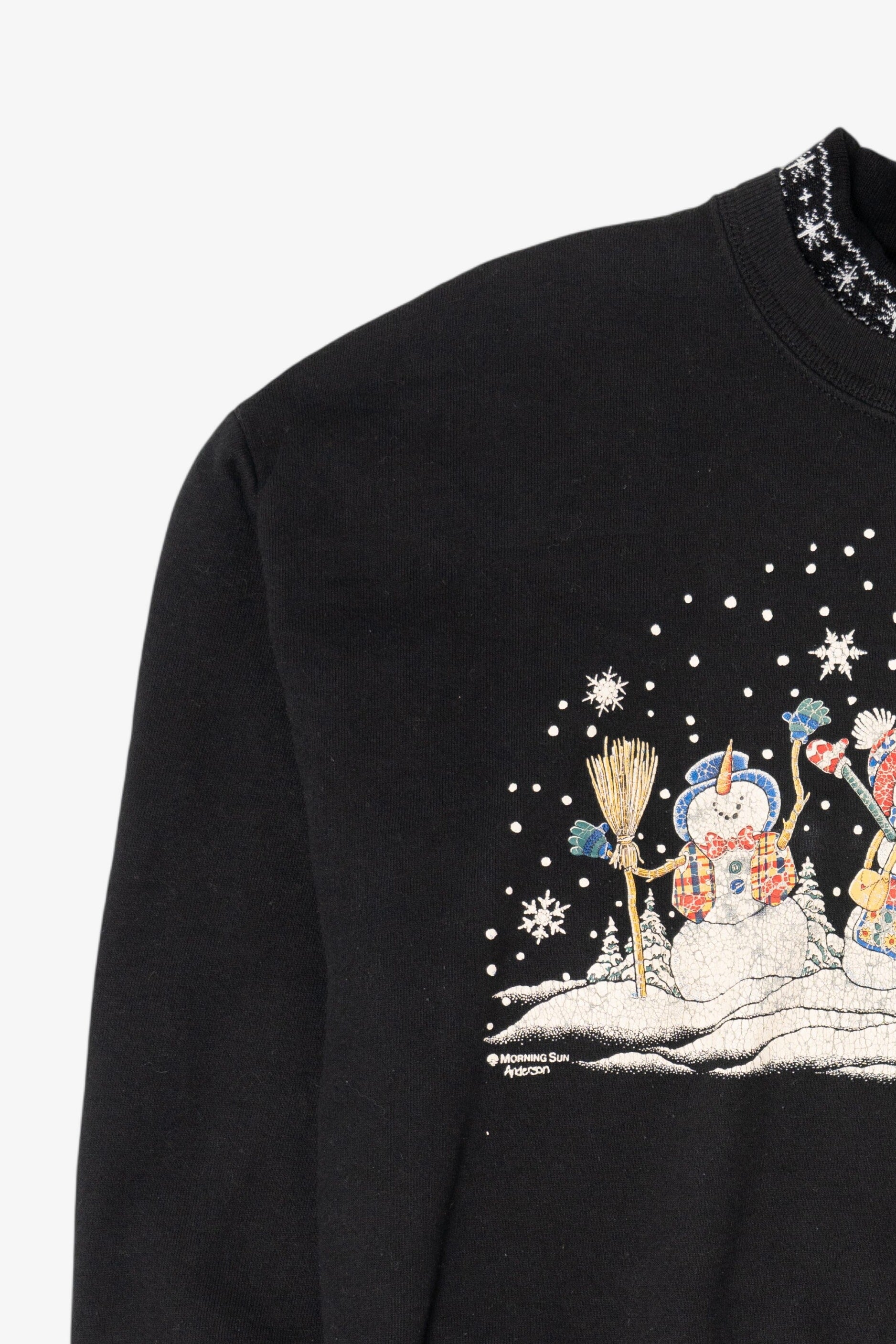 Vintage Black Morning Sun Snowmen Ugly Christmas Sweatshirt (1990s)