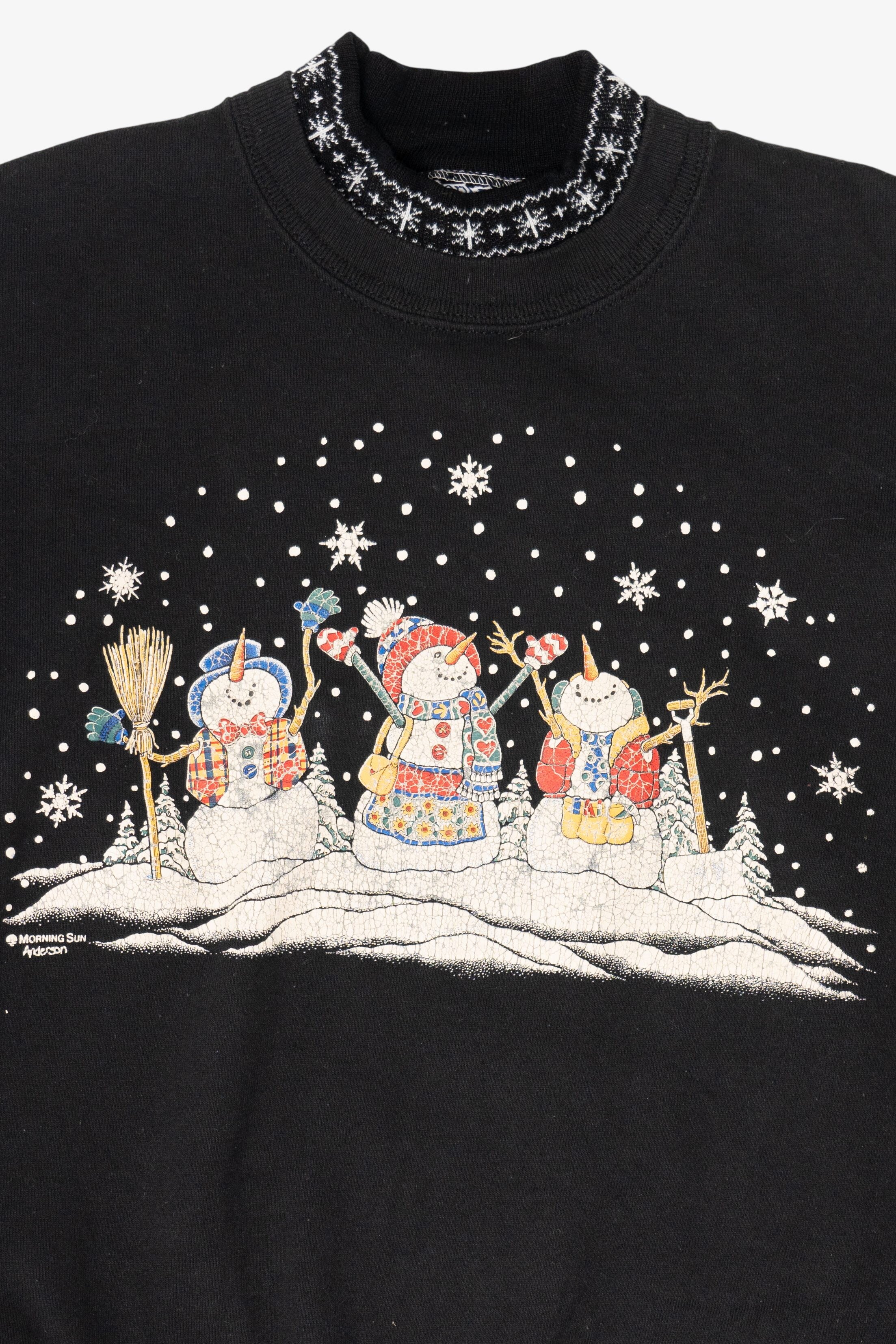 Vintage Black Morning Sun Snowmen Ugly Christmas Sweatshirt (1990s)