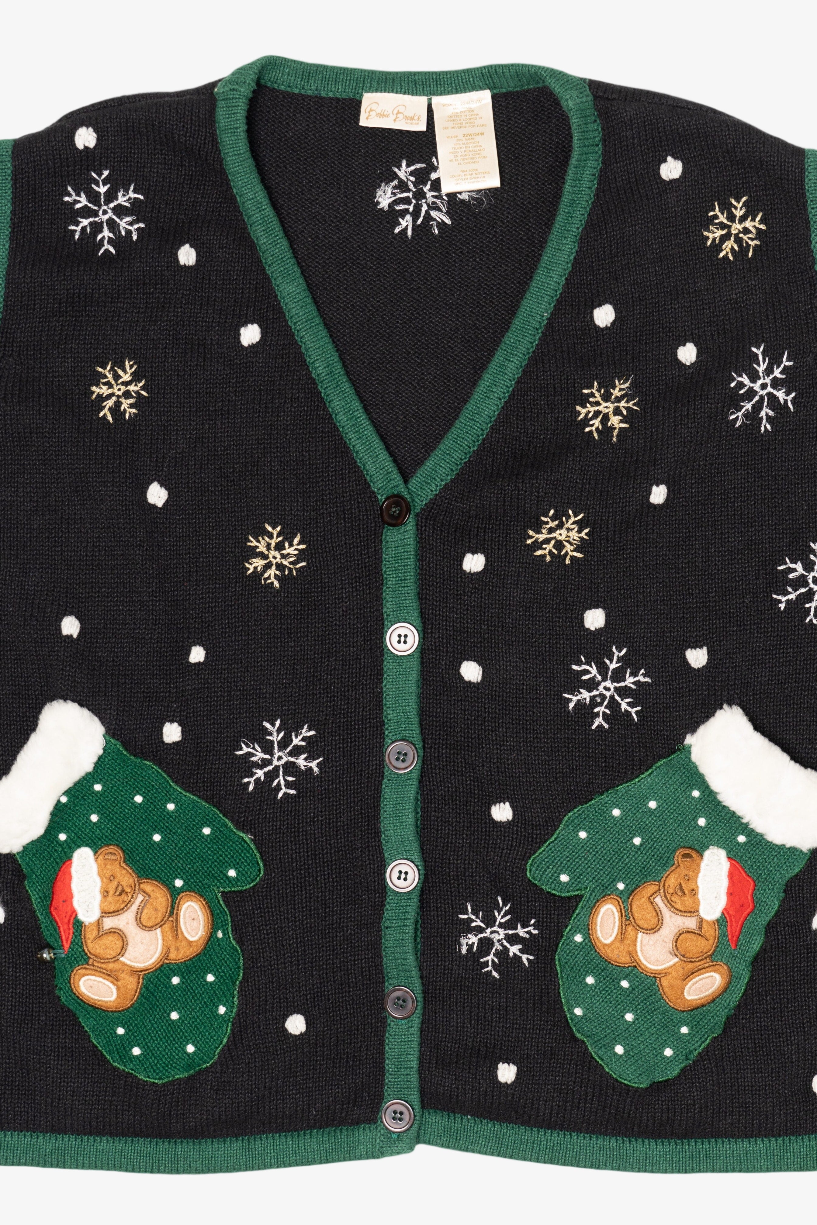 Vintage Black Bobbie Brooks Bears Pocket Mittens Ugly Christmas Vest (1990s)
