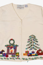 Vintage White Marisa Christina Fireplace Presents Ugly Christmas Cardigan (2000s)