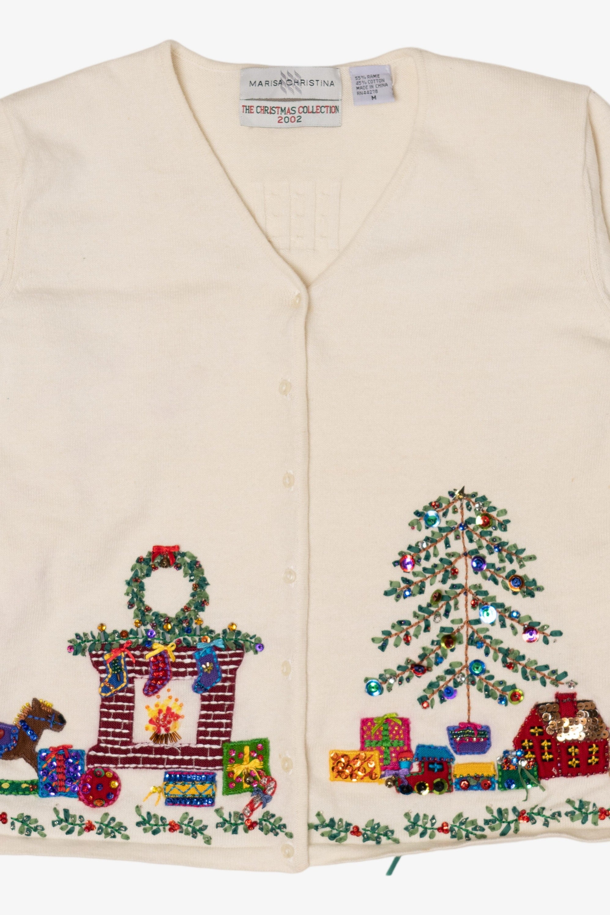 Vintage White Marisa Christina Fireplace Presents Ugly Christmas Cardigan (2000s)