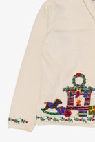 Vintage White Marisa Christina Fireplace Presents Ugly Christmas Cardigan (2000s)