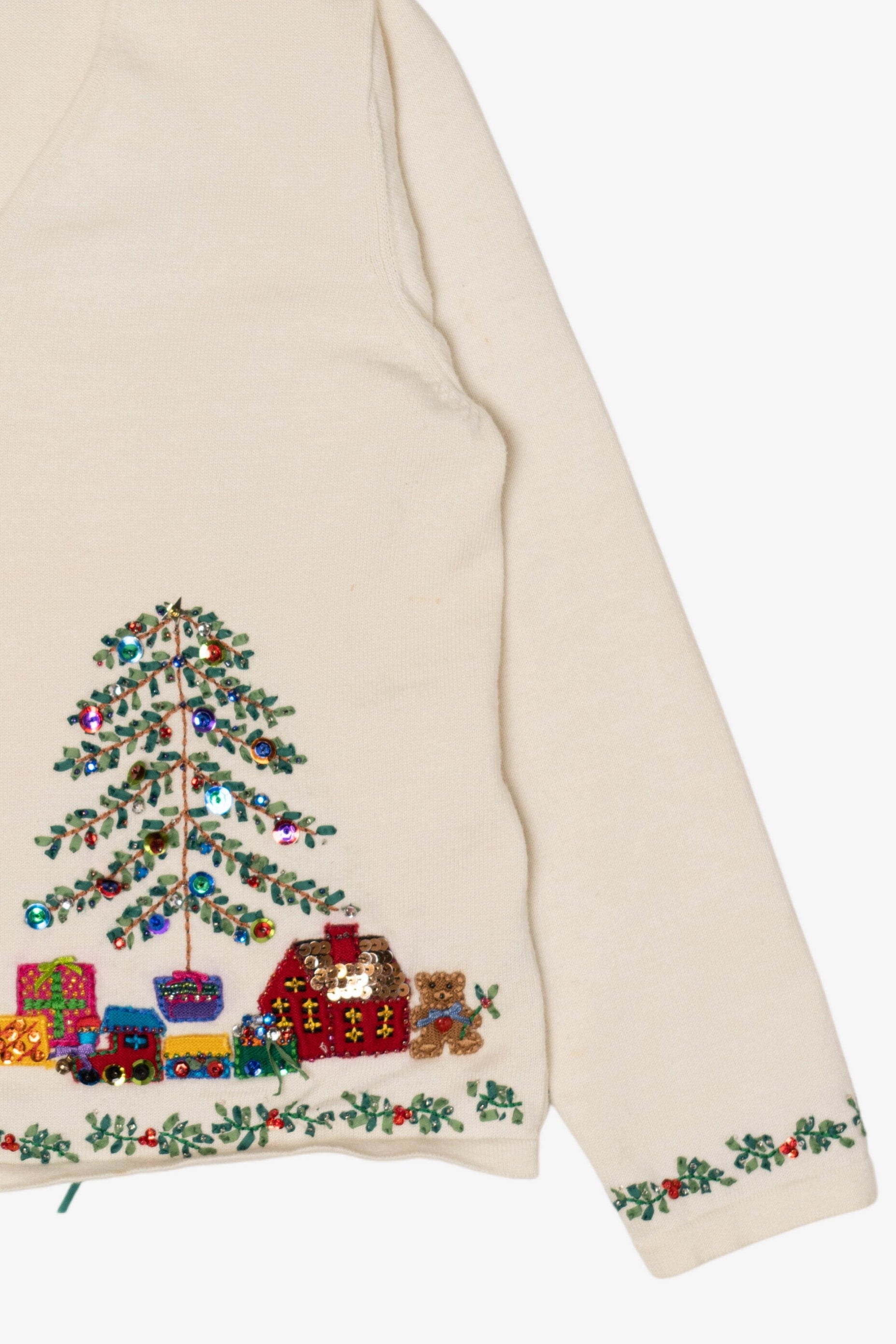 Vintage White Marisa Christina Fireplace Presents Ugly Christmas Cardigan (2000s)