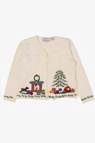 Vintage White Marisa Christina Fireplace Presents Ugly Christmas Cardigan (2000s)