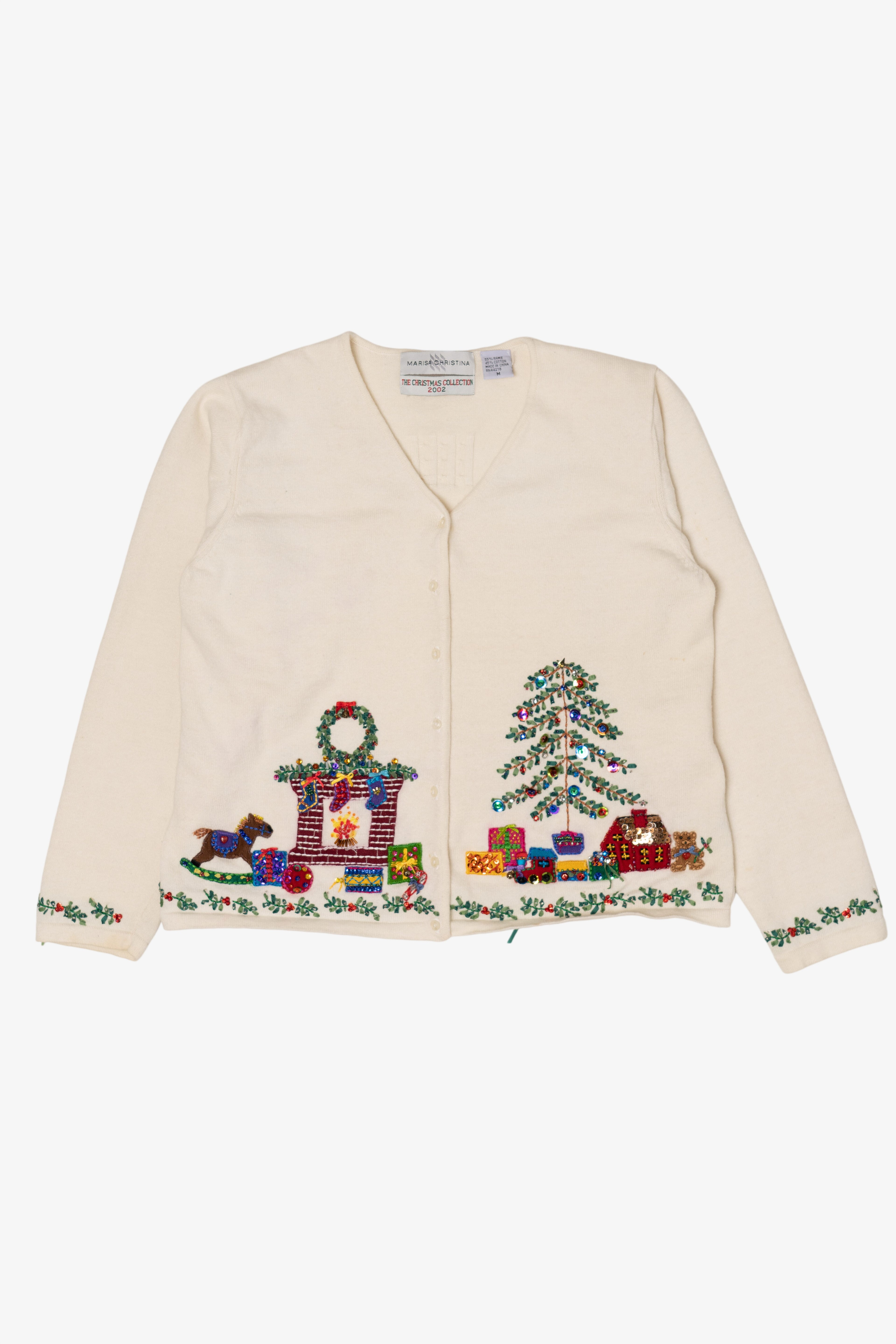Vintage White Marisa Christina Fireplace Presents Ugly Christmas Cardigan (2000s)